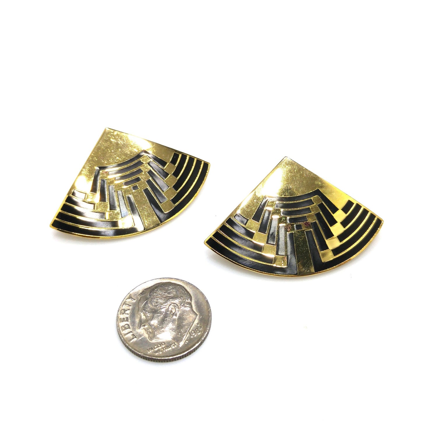 Vintage Laurel Burch Large Fan Post Earrings, Black Enamel, Gold Plated