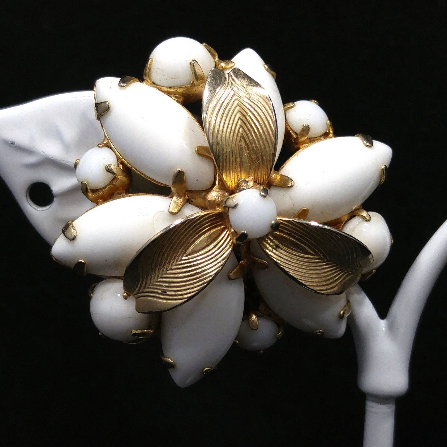 Weiss Milk Glass Gold Plated Flower Earrings, 1960s Designer Vintage Jewelry