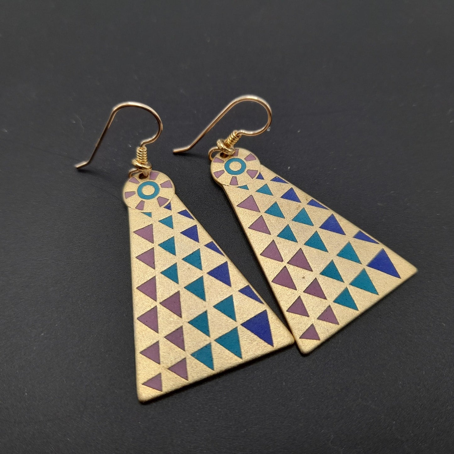 Laurel Burch Geometric Long Earrings, Gold Filled Ear Wires, 1980s Vintage Jewelry