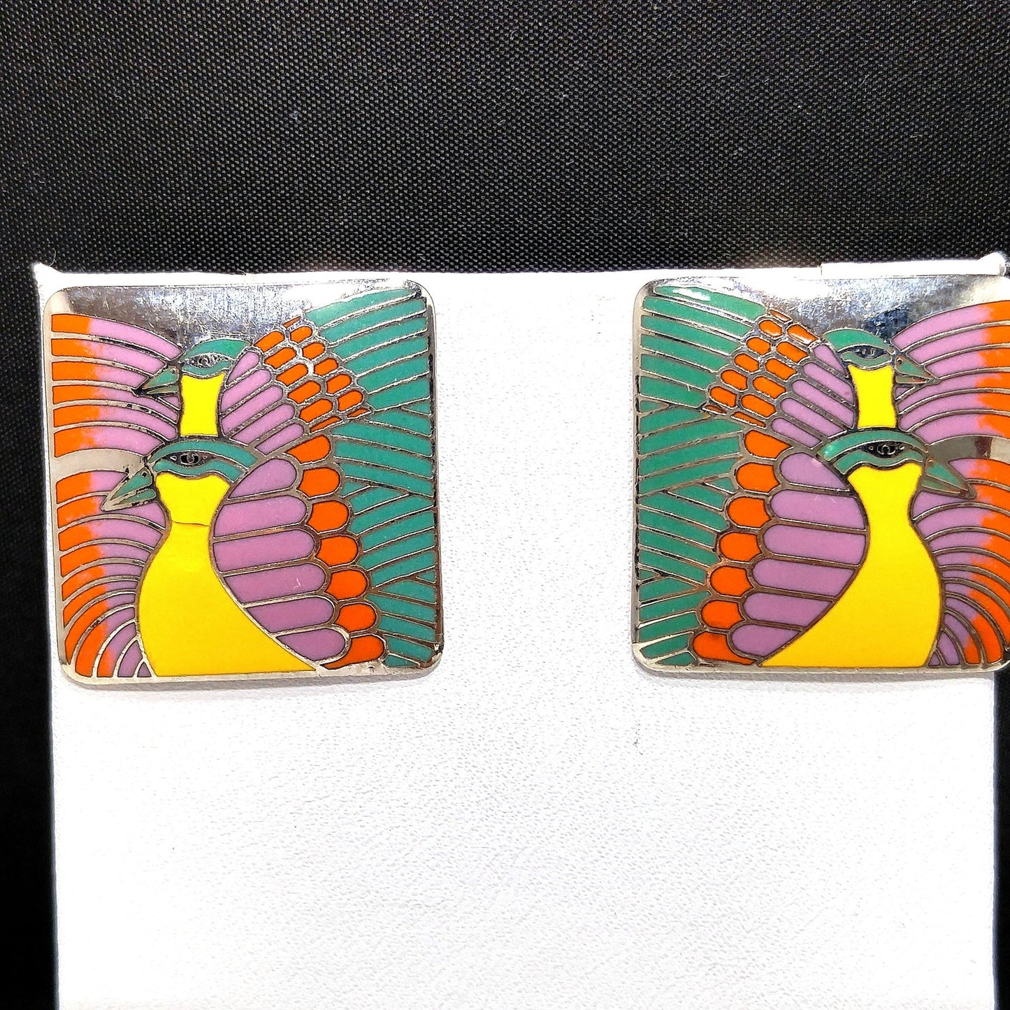 Vintage Laurel Burch "Moondoves" Post Earrings, Rhodium Plated, 1980s