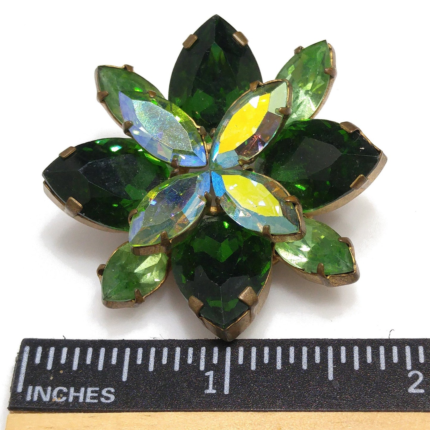 Austrian Green Crystal Rhinestone Brooch, Aurora Borealis, 1960s Vintage Jewelry