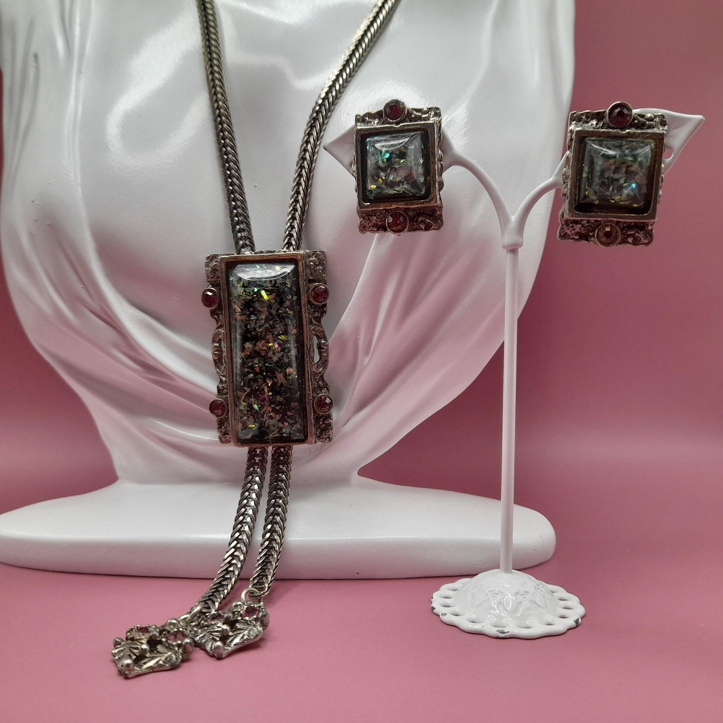 Vintage Selro Lucite Confetti Necklace Earrings Set, Purple Rhinestones, 1960s