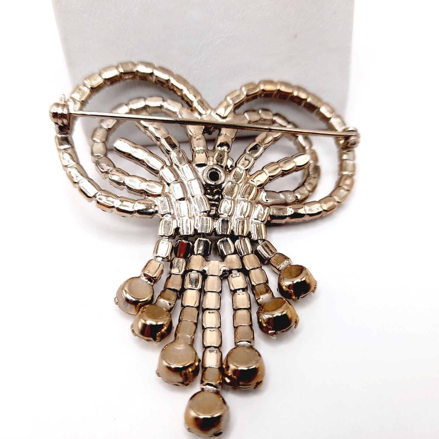 Vintage Clear Rhinestone Bow Brooch, Silver Tone Dangle Design, Midcentury Sparkle, 2 3/4 Inches