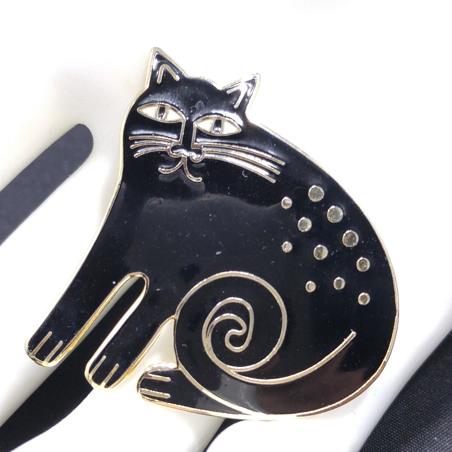 Vintage Laurel Burch Black "Keshire Cat" Brooch, Gold Plate, Black Enamel, 1980s