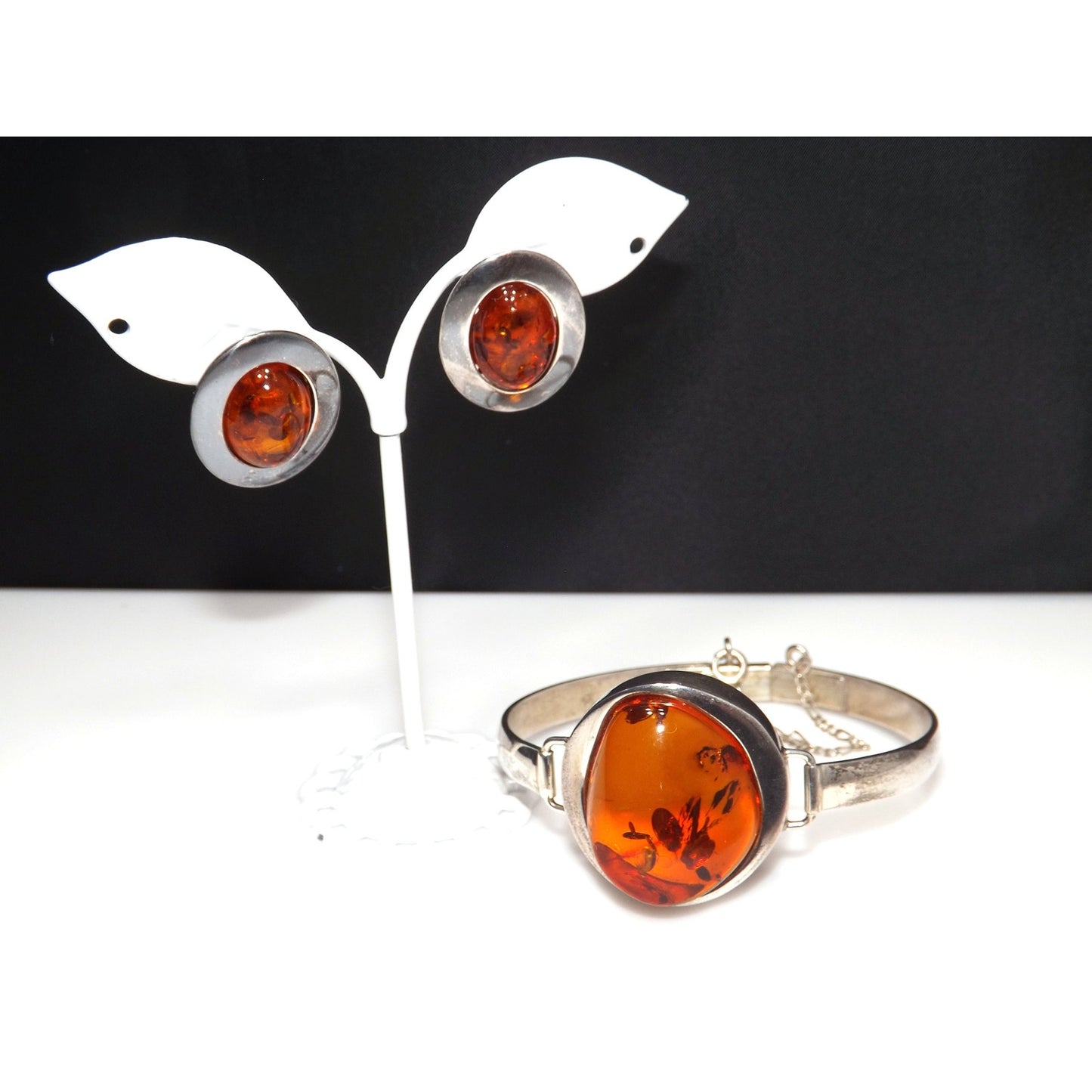 Sterling Silver Baltic Amber Cuff Bracelet Earrings Set, Poland 925 AT1, 1990s Vintage Jewelry