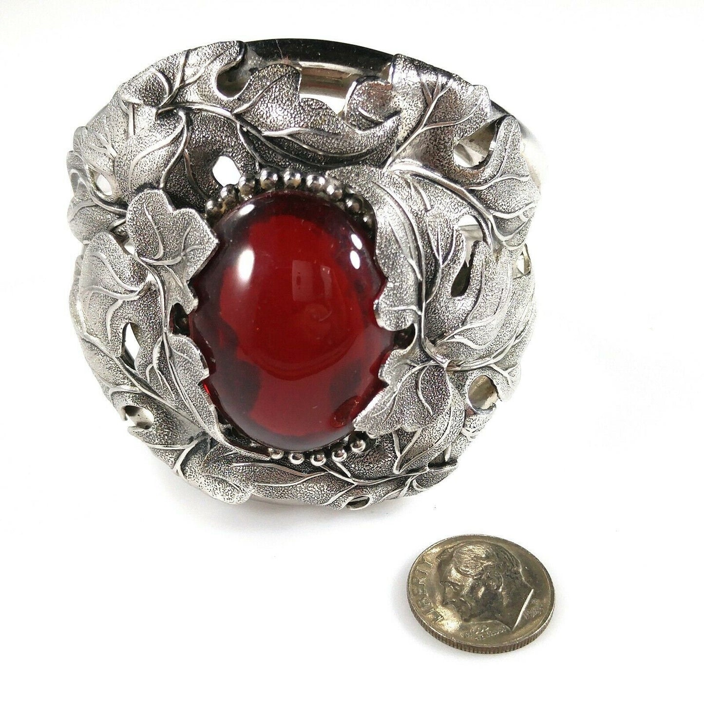 Vintage Whiting & Davis Hinged Cuff Bracelet, Red Glass Cabochon, Rhodium Plated, 1960s Vintage Jewelry