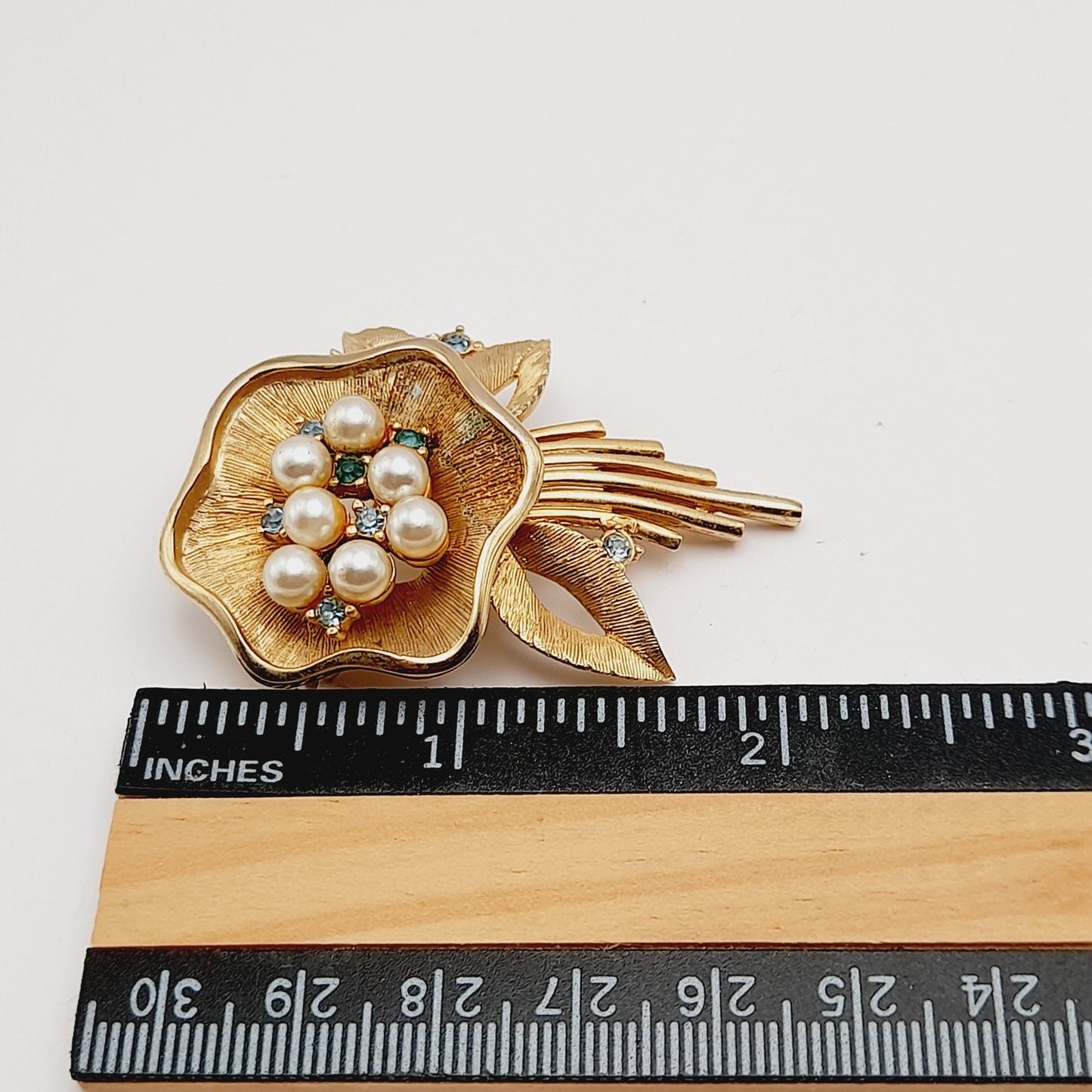 Vintage Ledo 1962 Floral Brooch, Gold Plated Faux Pearl Rhinestone Pin, Signed Mid Century Jewelry