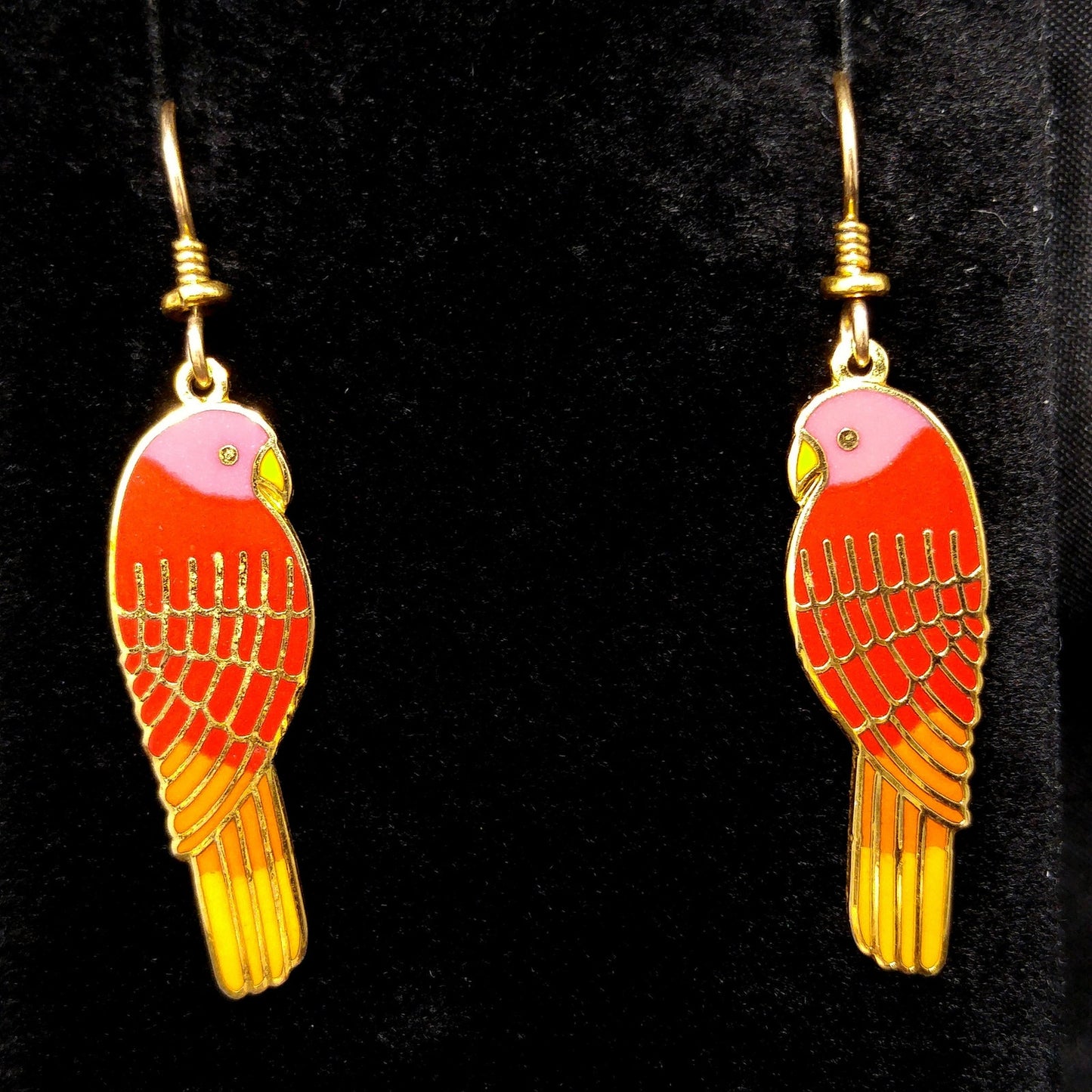 Laurel Burch "Lorikeets" Earrings, Gold Plated Cloisonne & Enamel, 1980s Vintage
