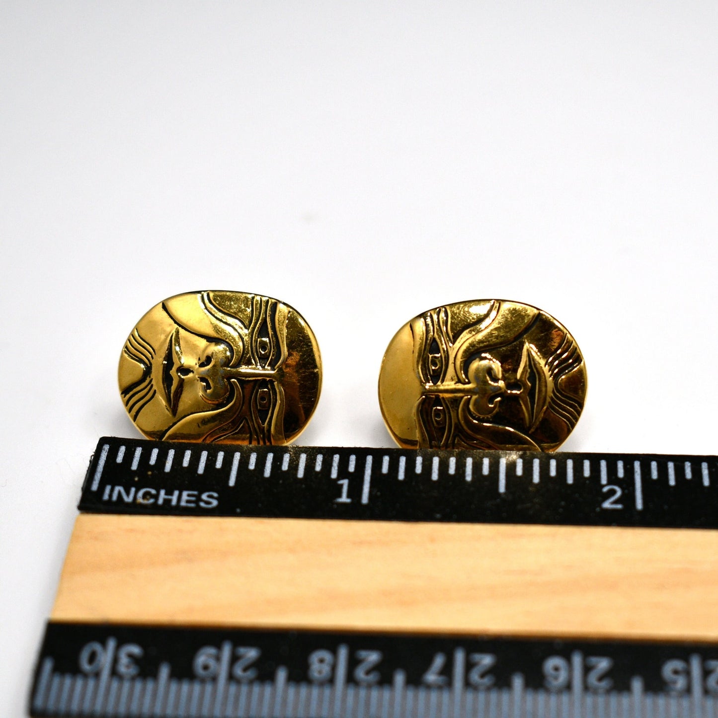 Laurel Burch Eiko Post Earrings, Gold Plated, Japanese Mask, 1980s Vintage