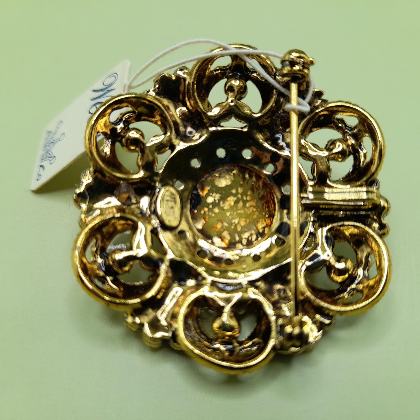 Weiss Topaz Rhinestone and Art Glass Brooch with Original Tag – 1960s Vintage Jewelry