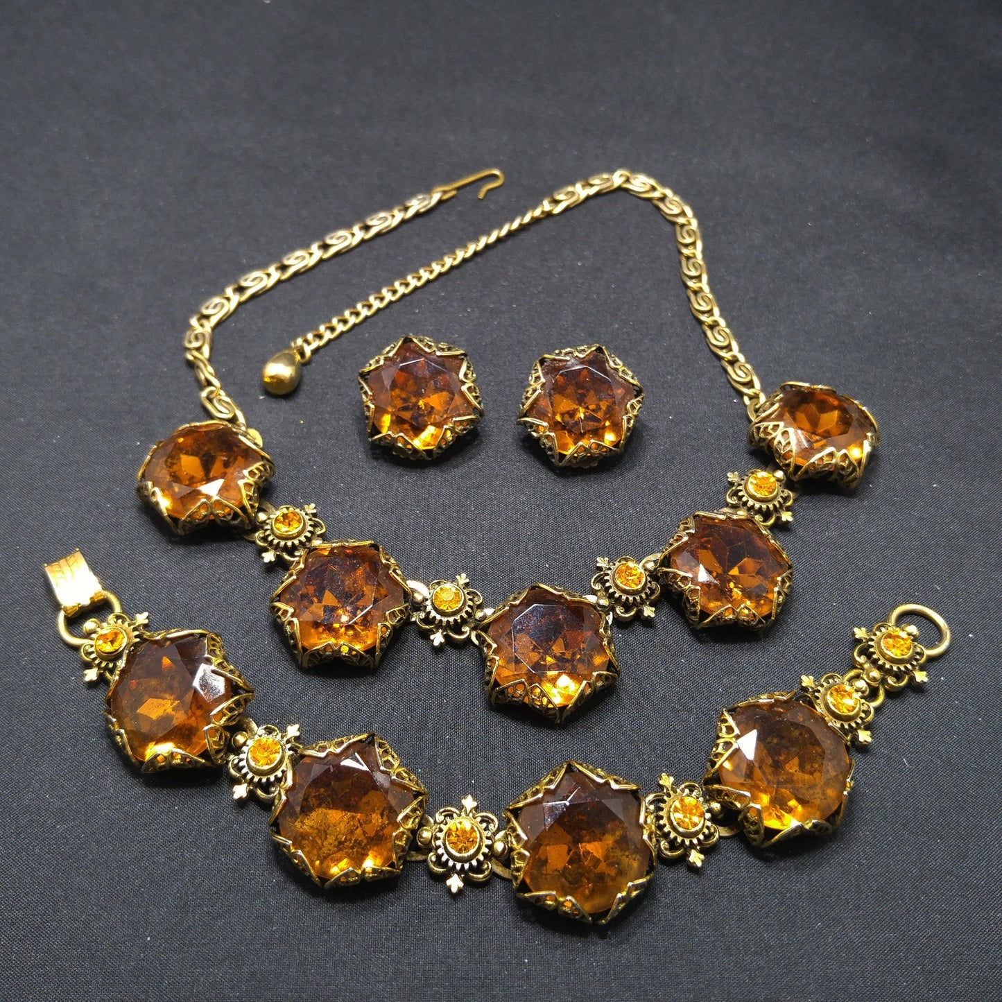 Vintage Topaz Glass Necklace Bracelet Earrings Set, Filigree Golden Brass, 1950s Vintage Jewelry