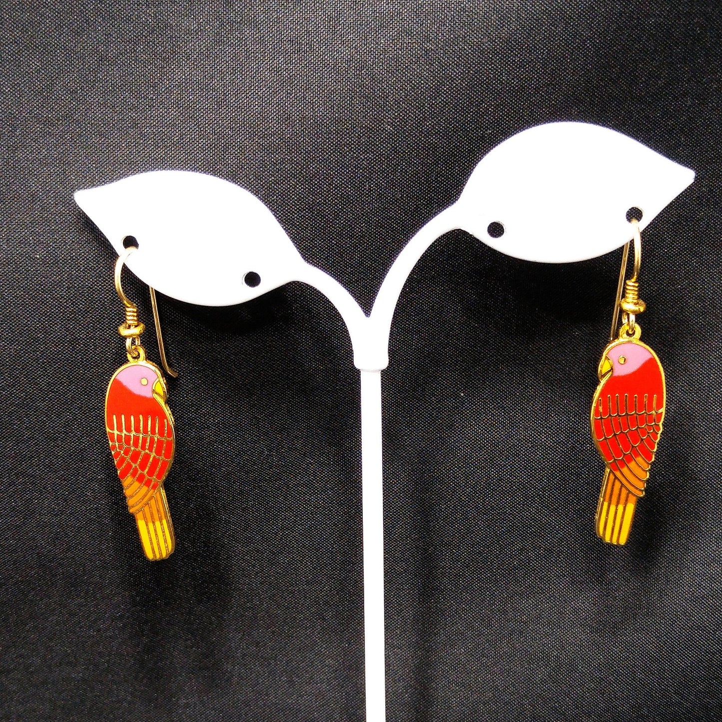 Laurel Burch "Lorikeets" Earrings, Gold Plated Cloisonne & Enamel, 1980s Vintage