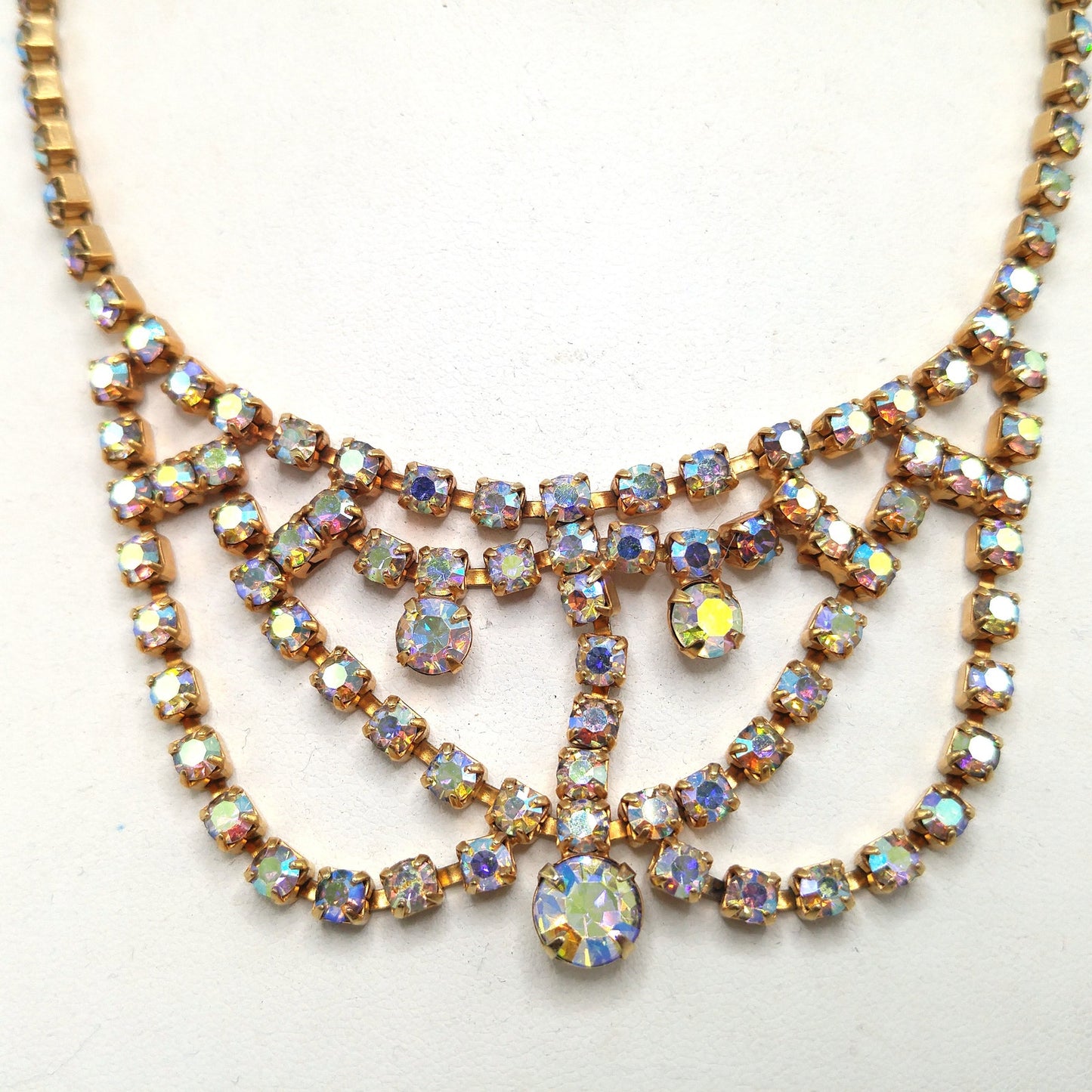 Aurora Borealis Rhinestone Choker Necklace, Gold Plated, 1960s Vintage Jewelry