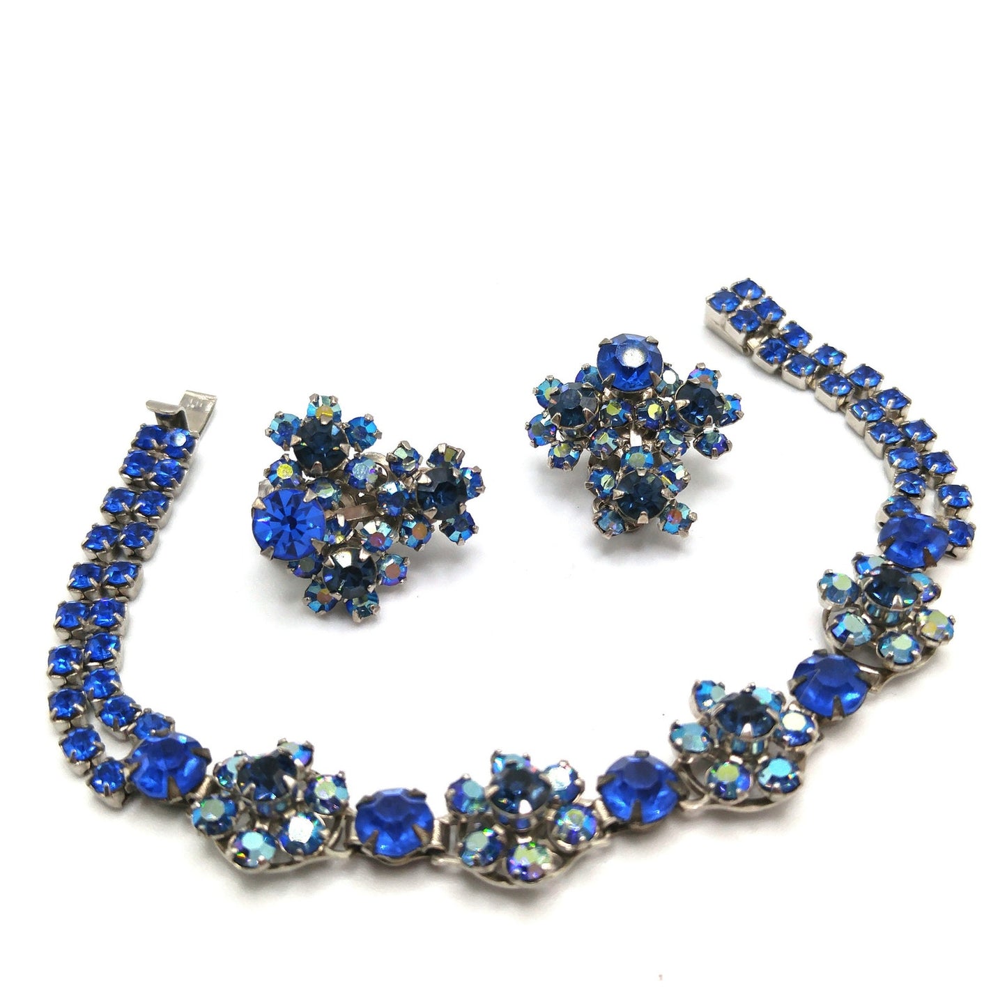Kramer AB Blue Bracelet Clip Earrings Set, Aurora Borealis, 1960s Vintage Jewelry