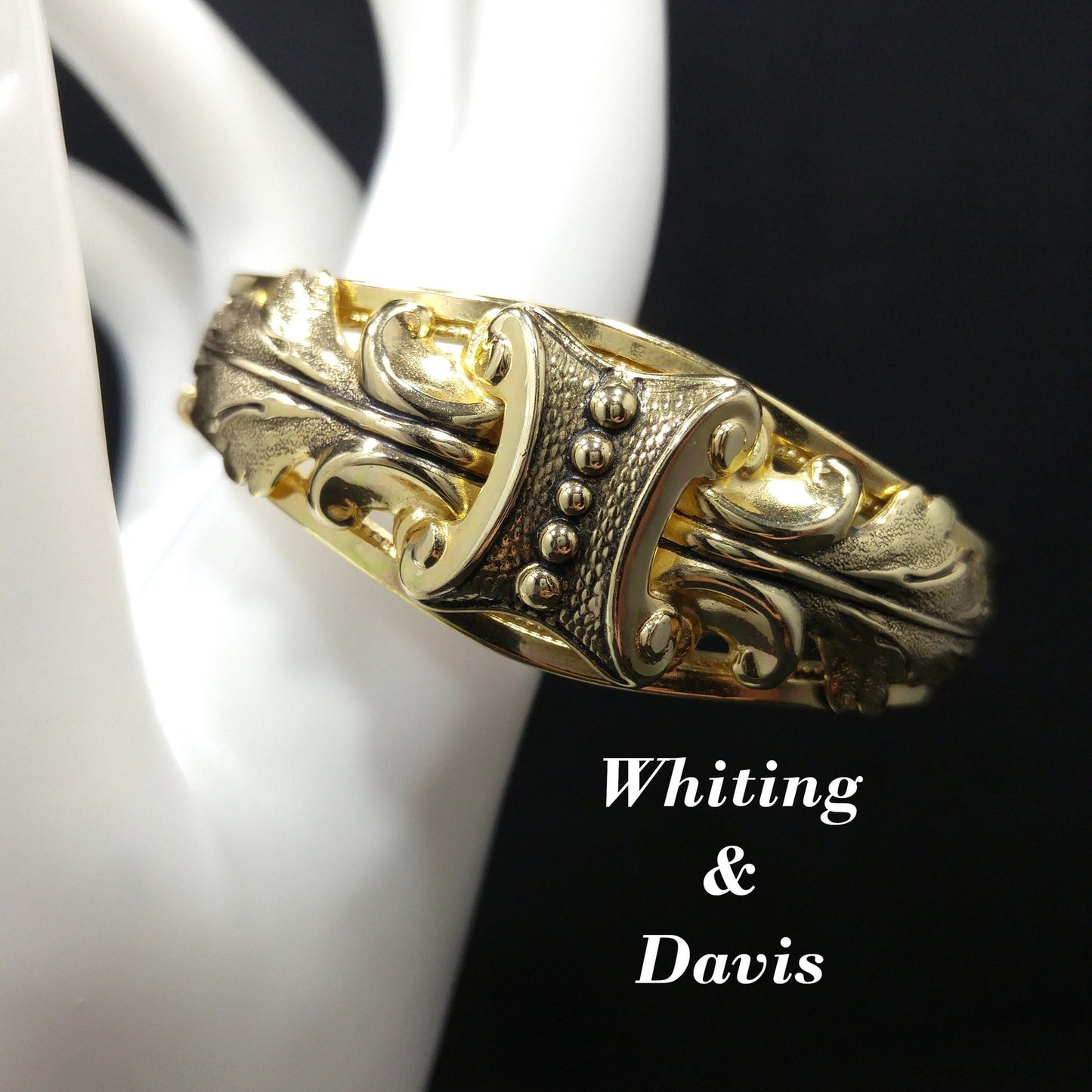 Whiting & Davis Gold Plated Hinged Bracelet, Safety Chain, Snap Lock Clasp, 1960s Vintage Jewelry