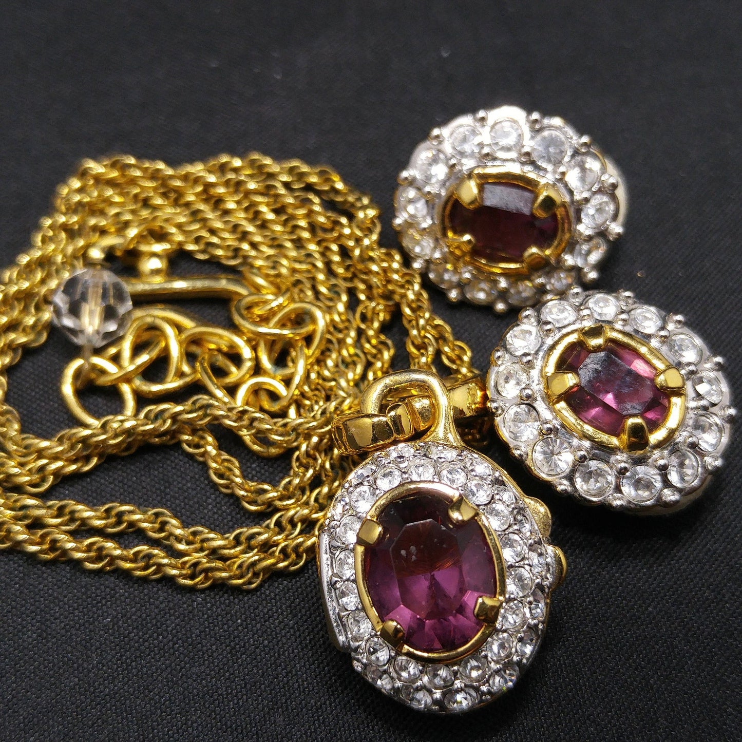 Vintage Swarovski Swan Logo Purple Crystal Locket Necklace & Earrings Set 1990s