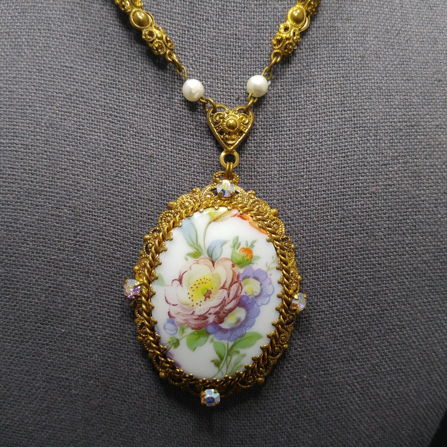 Western Germany Purple Floral Pendant Necklace, Filigree Rhinestones Faux Pearls, 1950s Vintage Jewelry