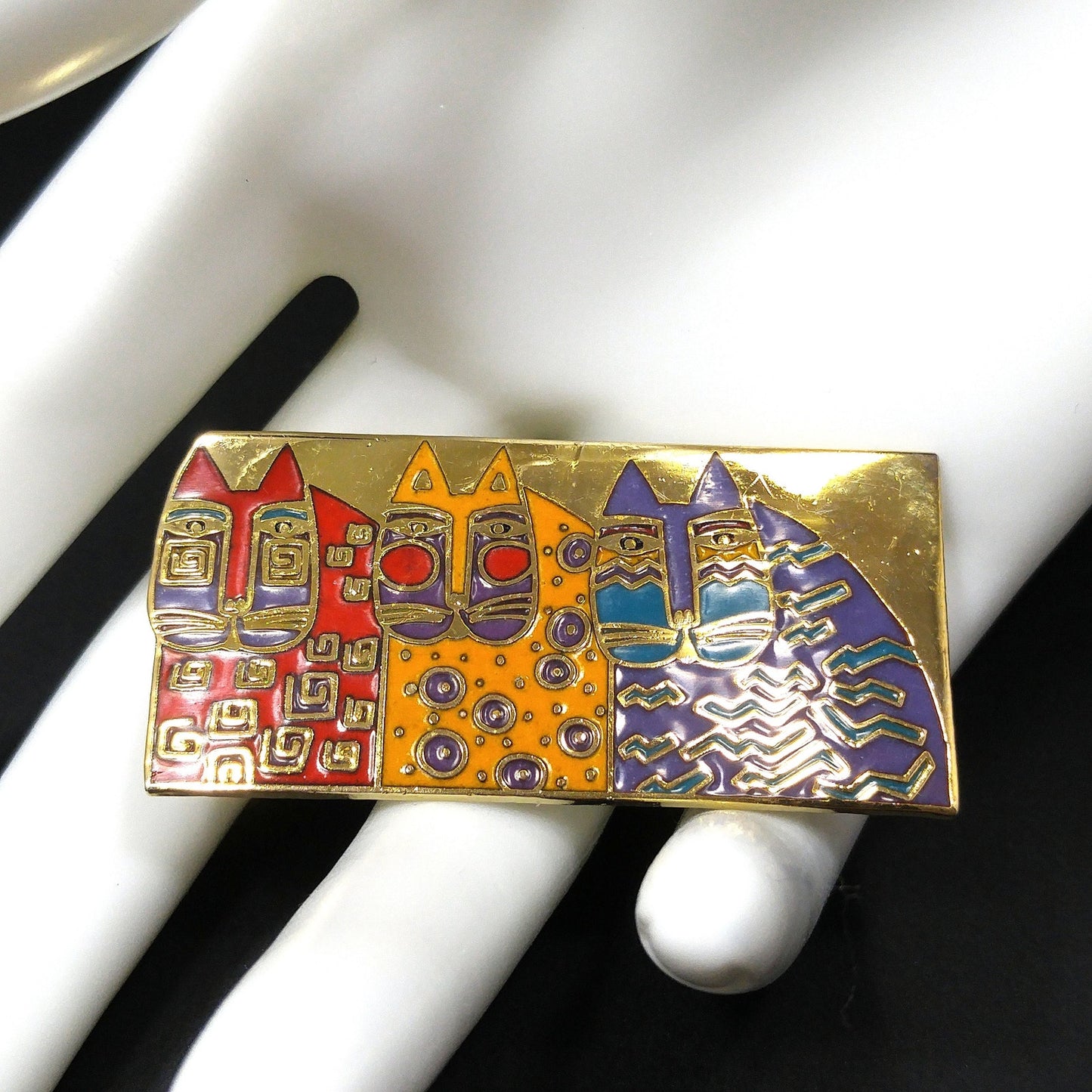 Laurel Burch "Wild Cats" Cloisonné Brooch, Three Cats Pin, 1980s Vintage Jewelry
