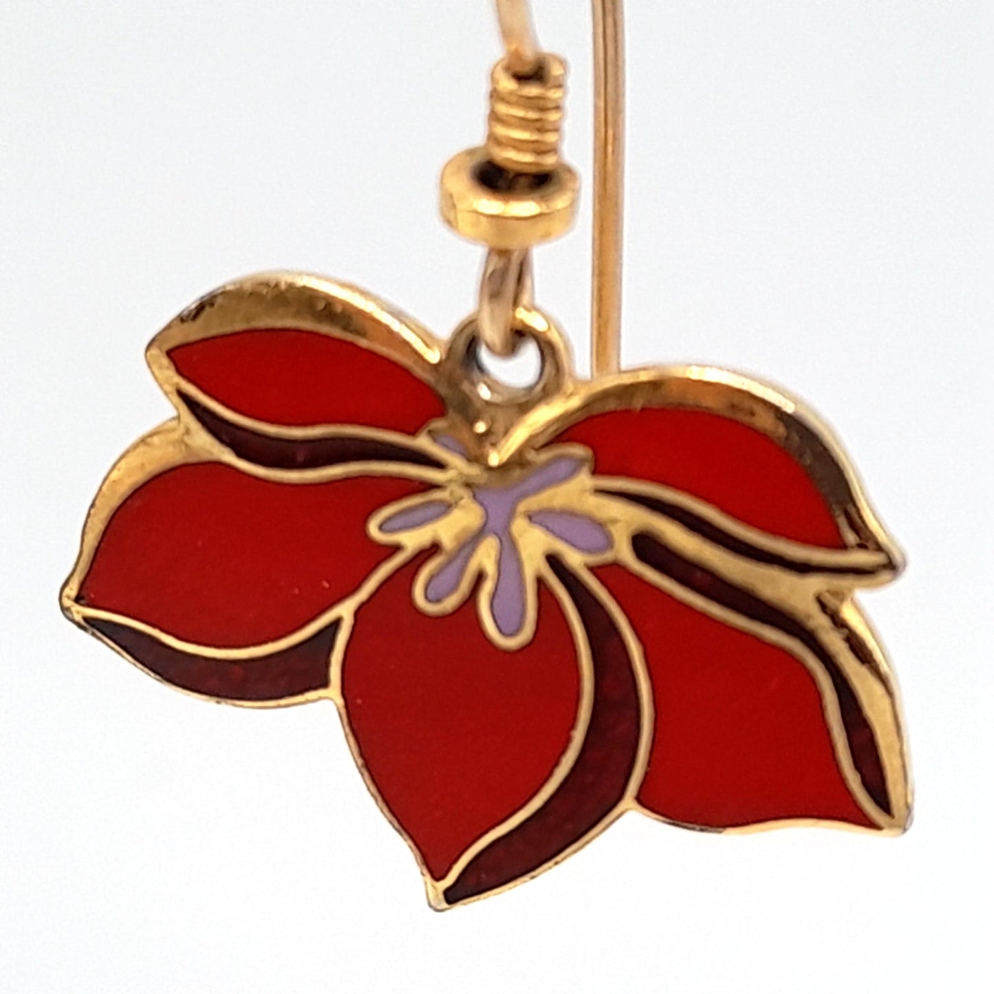 Vintage Laurel Burch "Pear Blossom" Earrings, Gold Plated, Red Enamel
