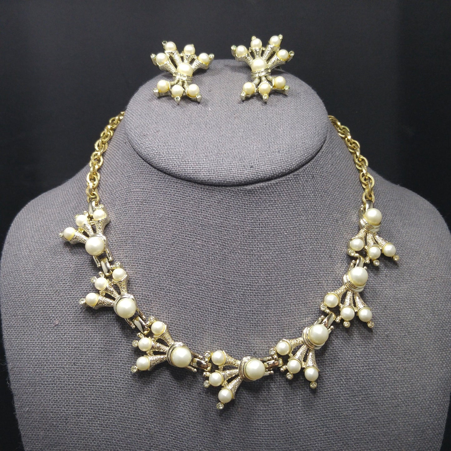 Kramer Faux Pearl Necklace Clip Earrings Set, 1960s Vintage Jewelry