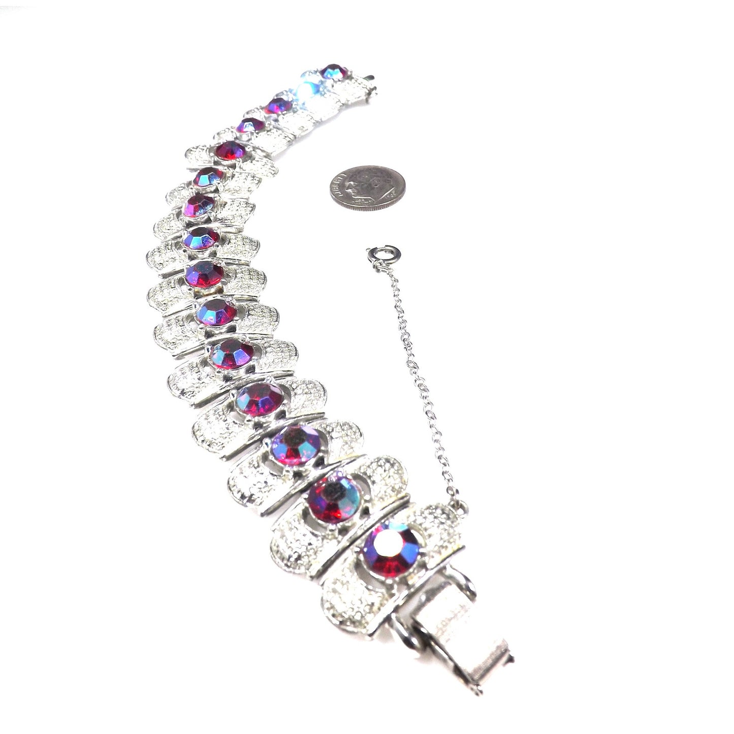 Coro Pegasus Red Aurora Borealis Rhinestone Bracelet, Rhodium Plated, 1950s Vintage Jewelry