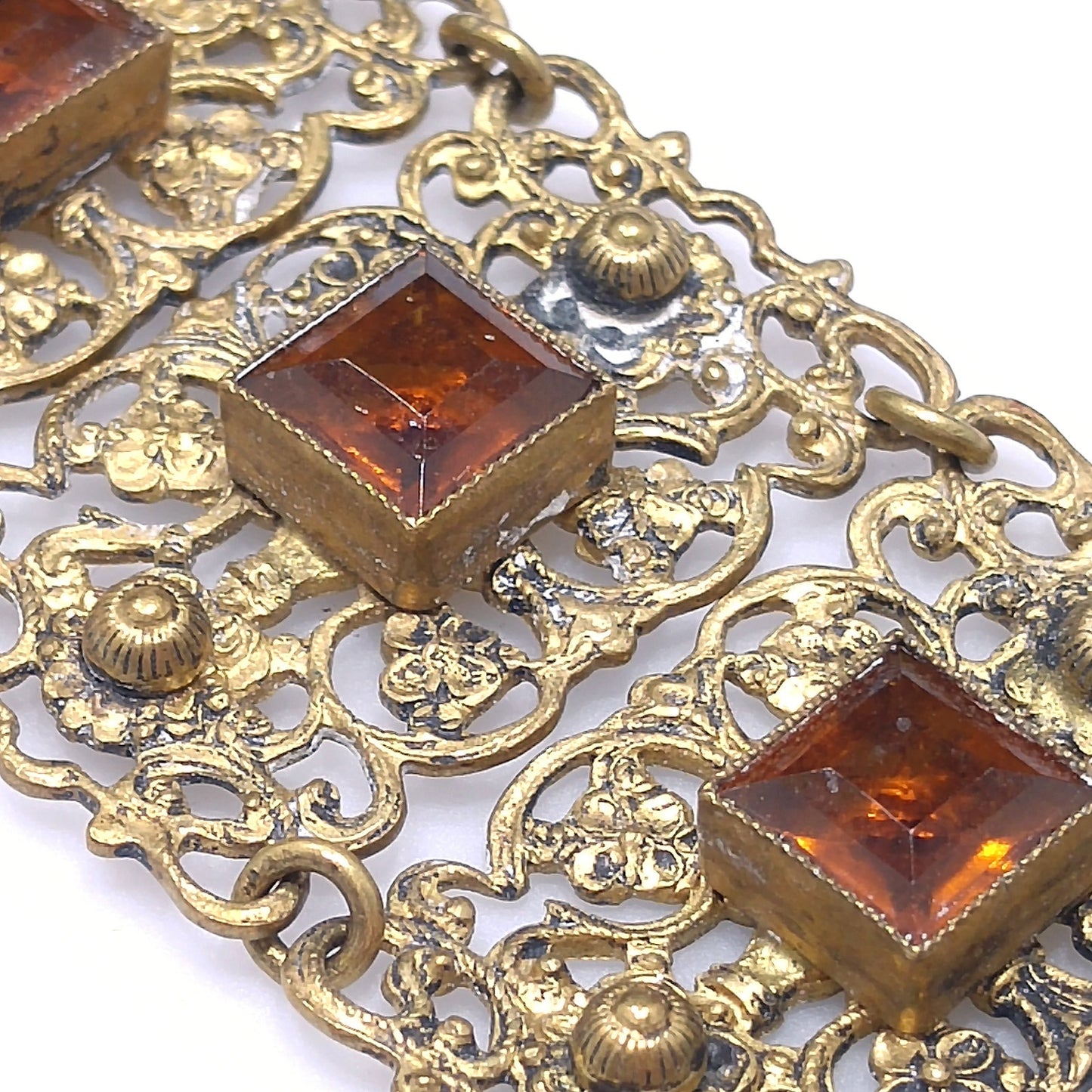 Vintage Filigree Topaz Glass Link Wide Bracelet, Built in Hook On Back, Antique 1920s Vintage Jewelry
