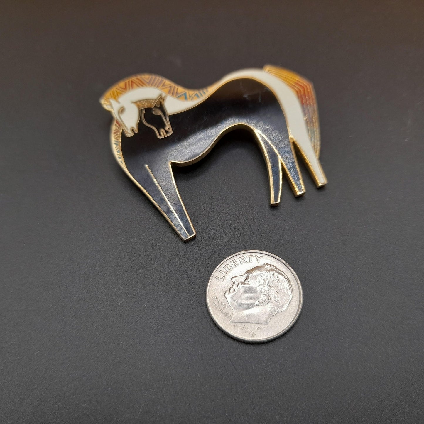 Laurel Burch "Embracing Horses" Brooch, Gold Plated, Black White Horse, 1980s Vintage Jewelry