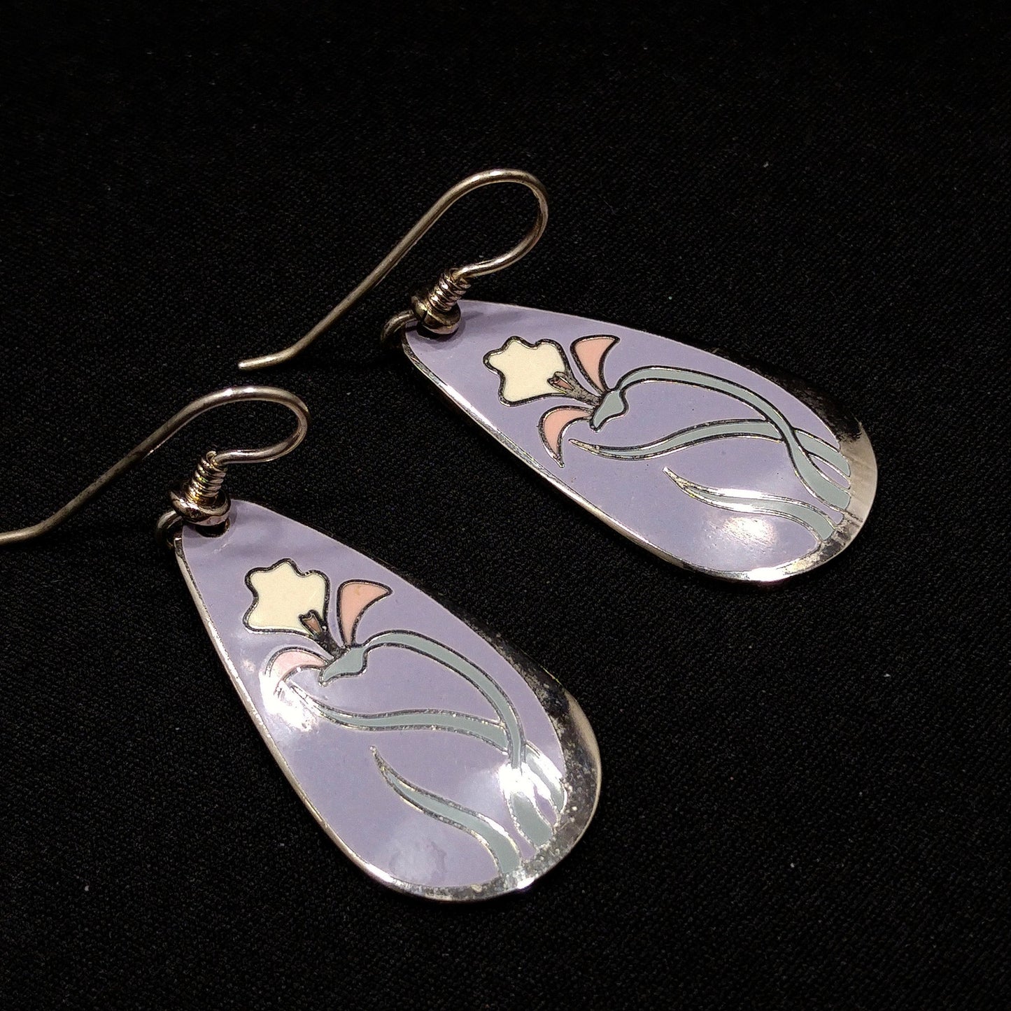 Laurel Burch "Wild Iris" Cloisonne Earrings, Lavender Enamel, White & Pink Flower, Rhodium Plate, 1980s Vintage Jewelry