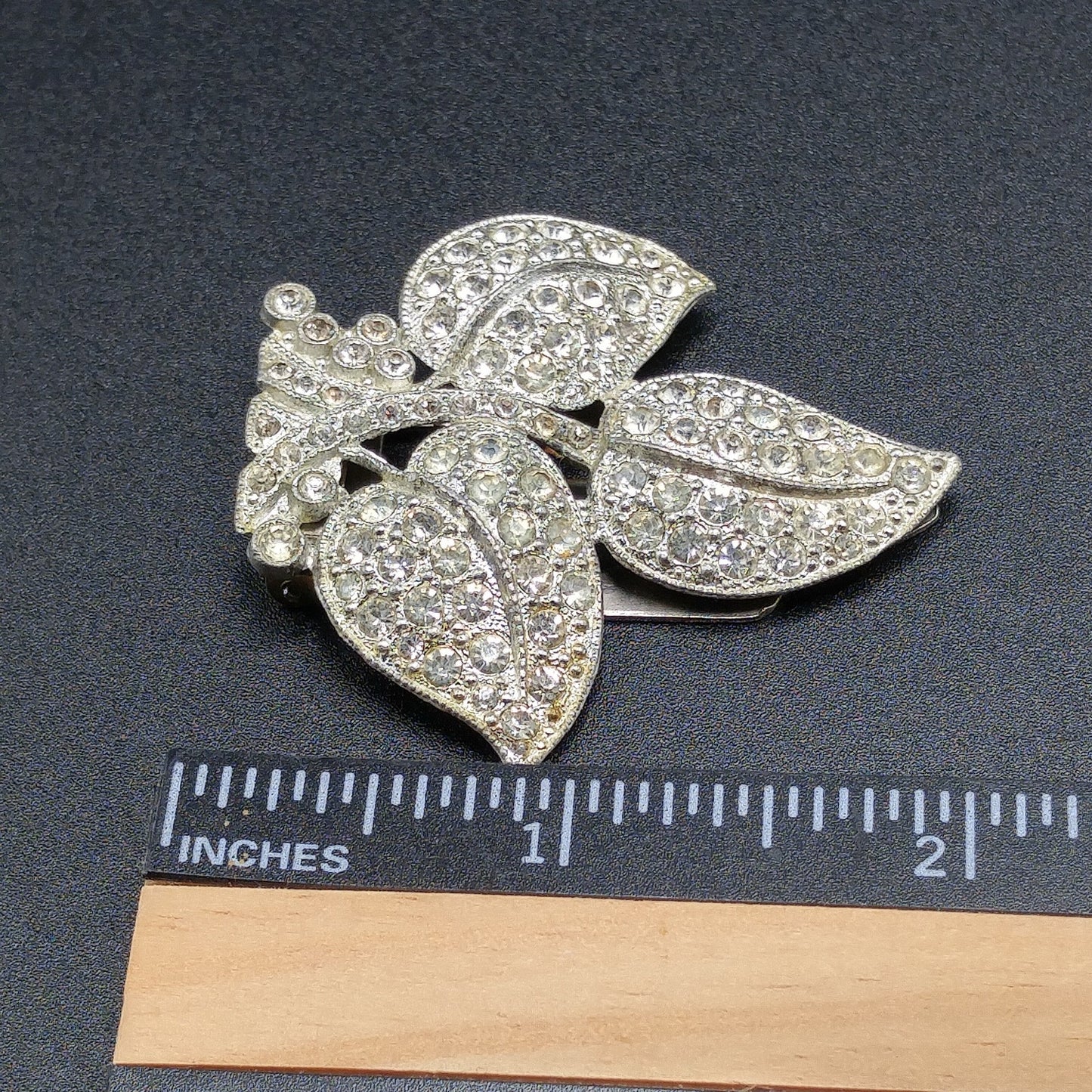 Leaves Clear Rhinestone Dress Clip, Pot Metal, 1930s Vintage Jewelry