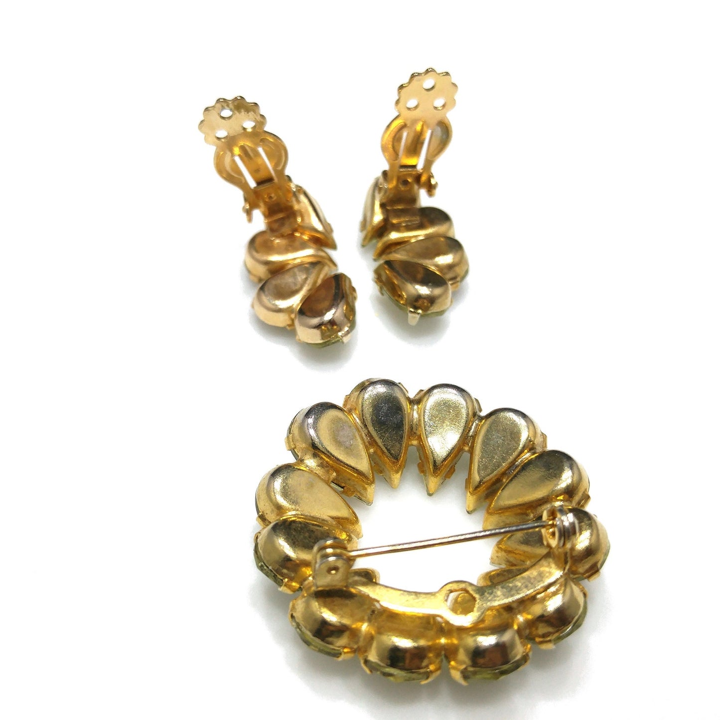 Jonquil Teardrop Rhinestone Brooch & Earrings, Gold Plated, 1950s Vintage Jewelry