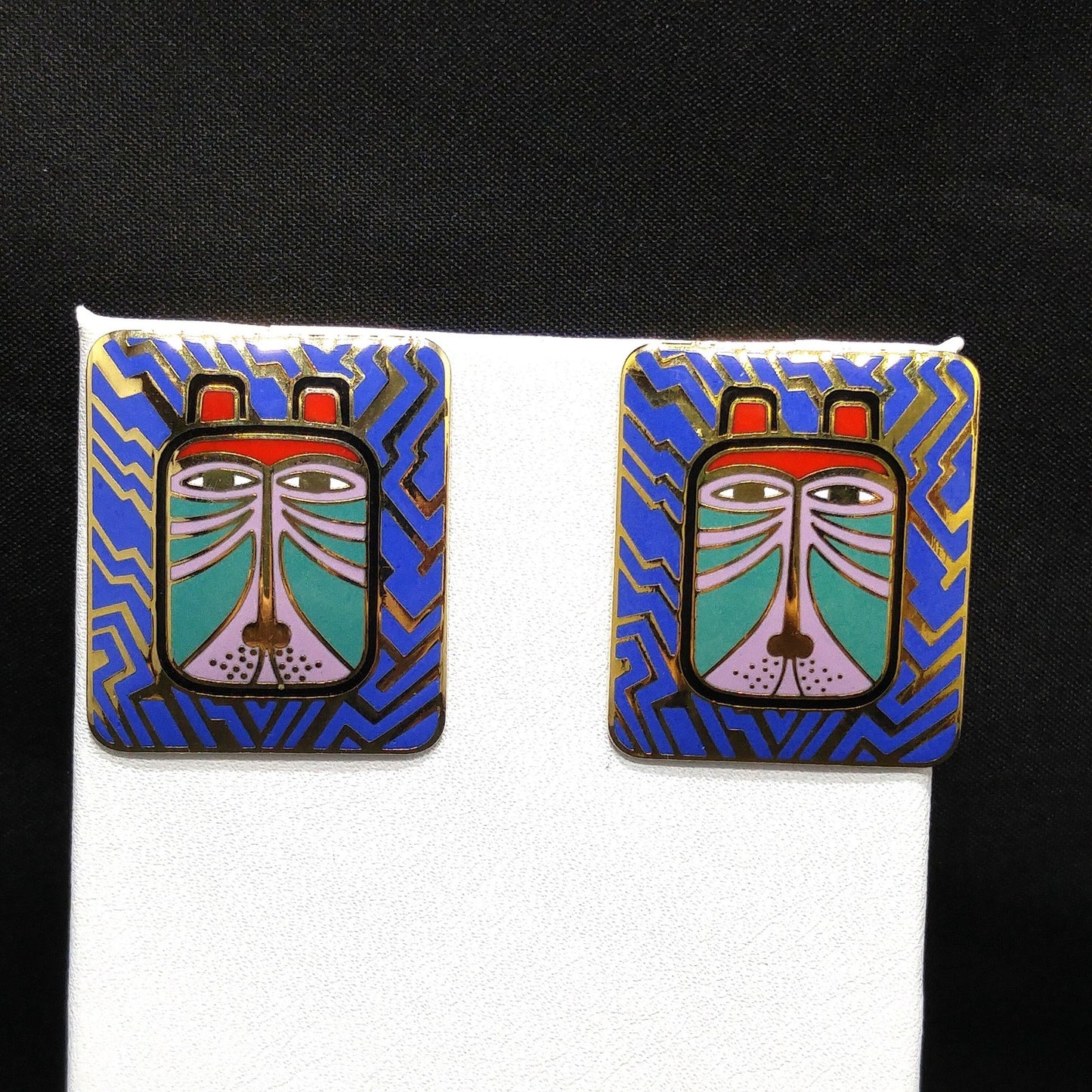 Laurel Burch "Toshio" Post Earrings, Gold Plated & Enamel Cloisonné, 1980s Vintage Jewelry