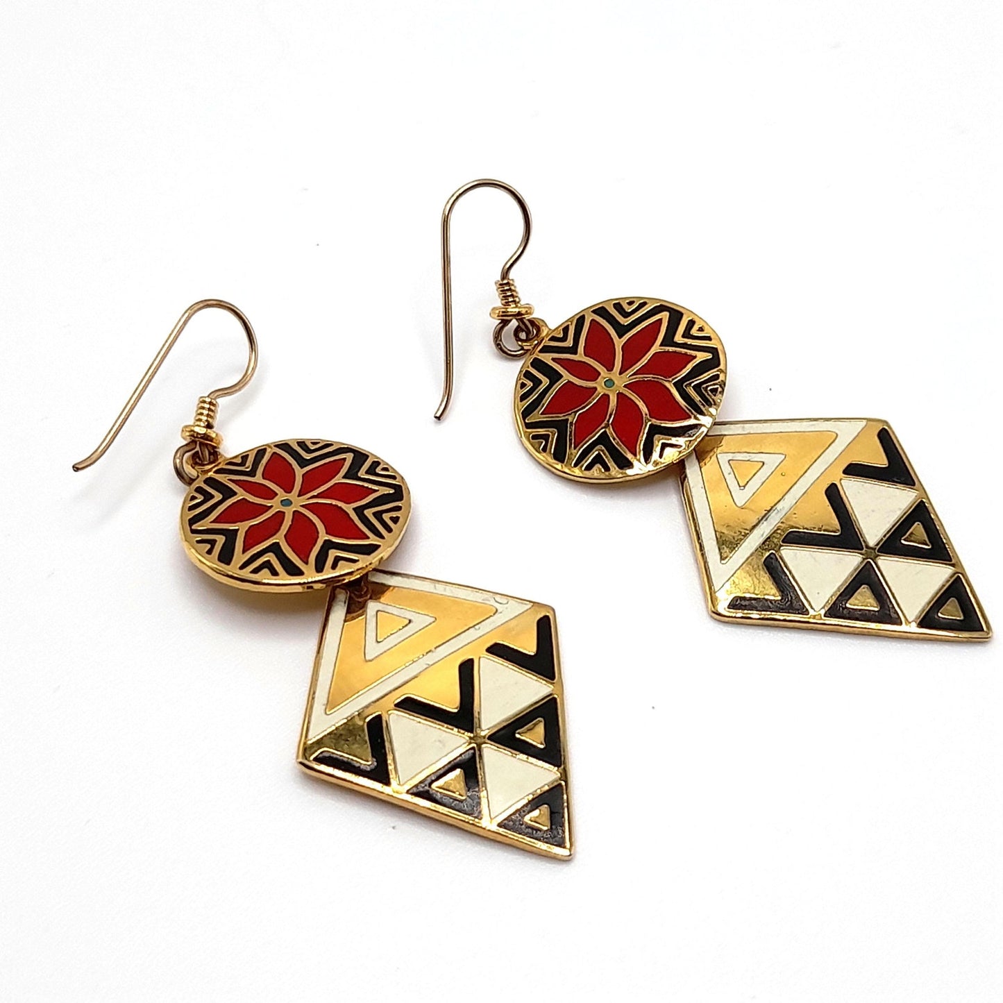 Laurel Burch "Gypsy Spirit 1993" Long Earrings, Gold Plated, GF Ear Wires, 1990s Vintage Jewelry