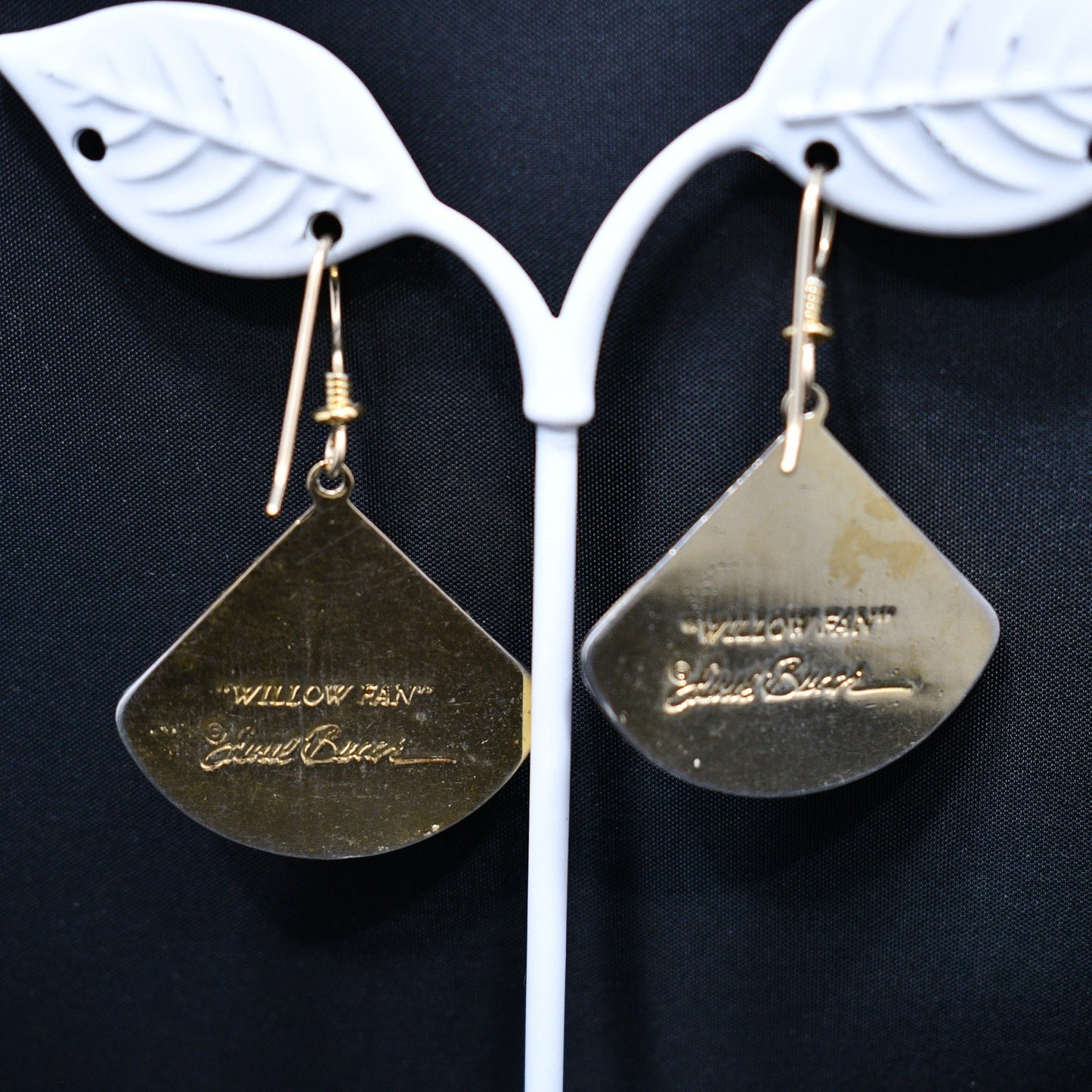 Laurel Burch "Willow Fan" Earrings, Gold Plated, Cloisonne Red Enamel, 1980s