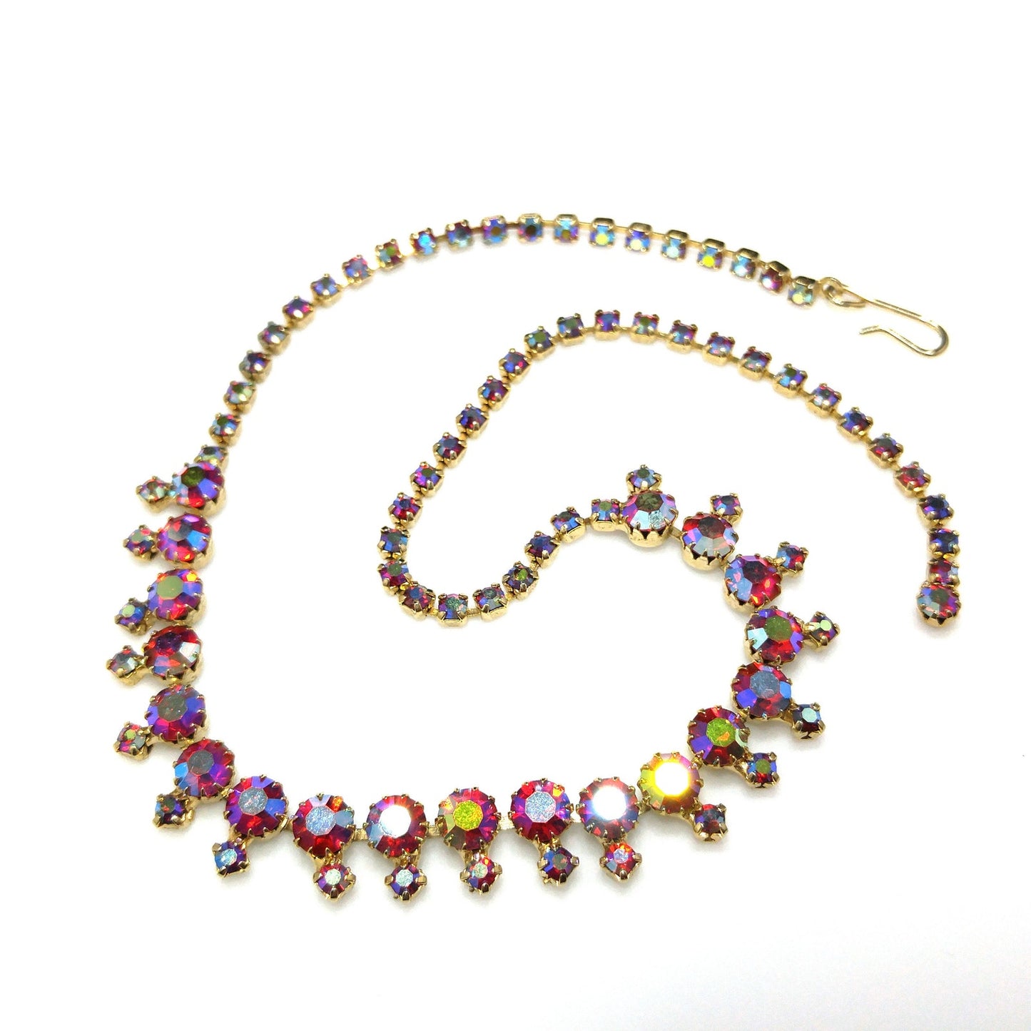 Red Rhinestone Aurora Borealis Choker Necklace, Gold Plated, 1960s Vintage Jewelry
