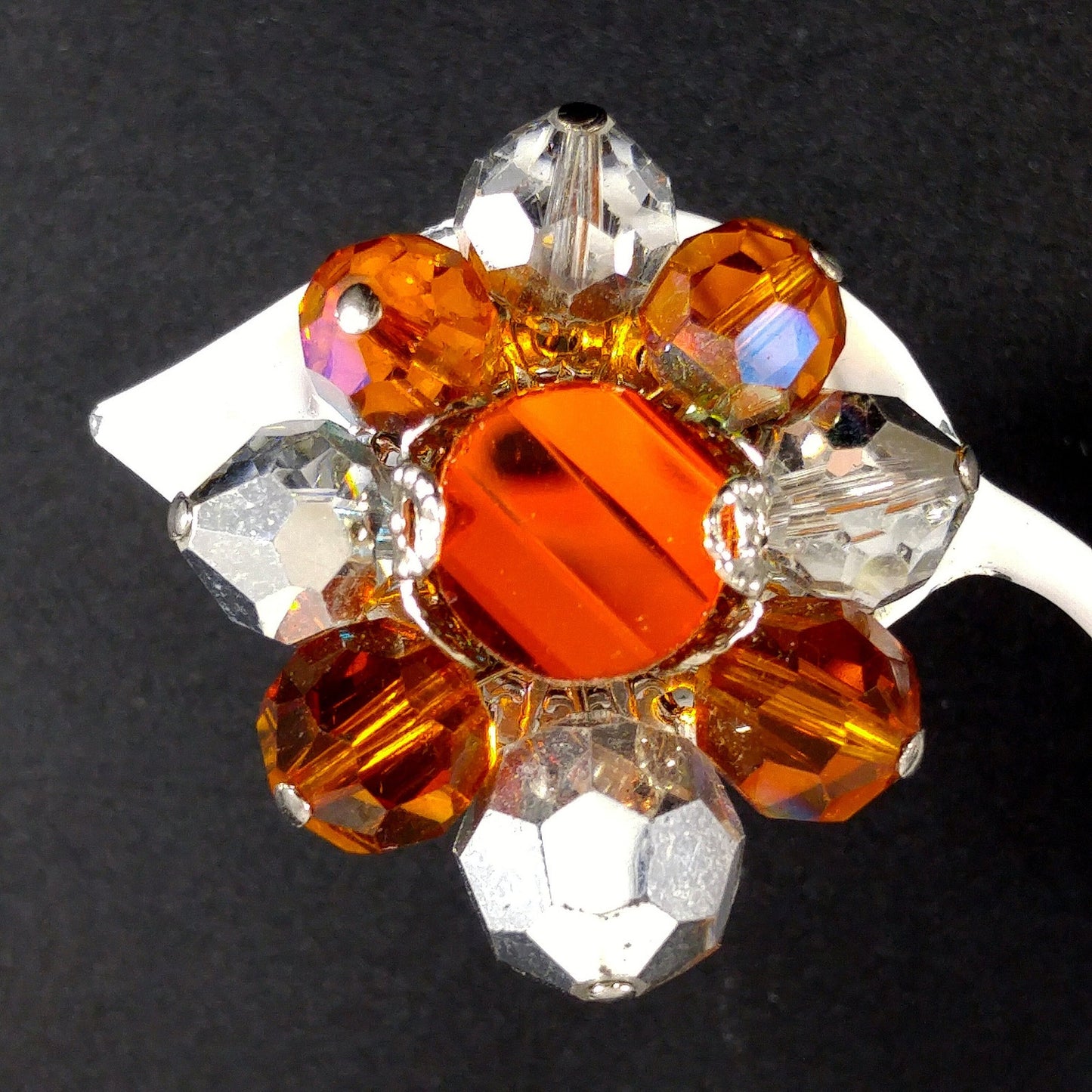 Vendome Beaded Clip Earrings, Orange Silver Clear Crystal Beads, 1960s Vintage Jewelry