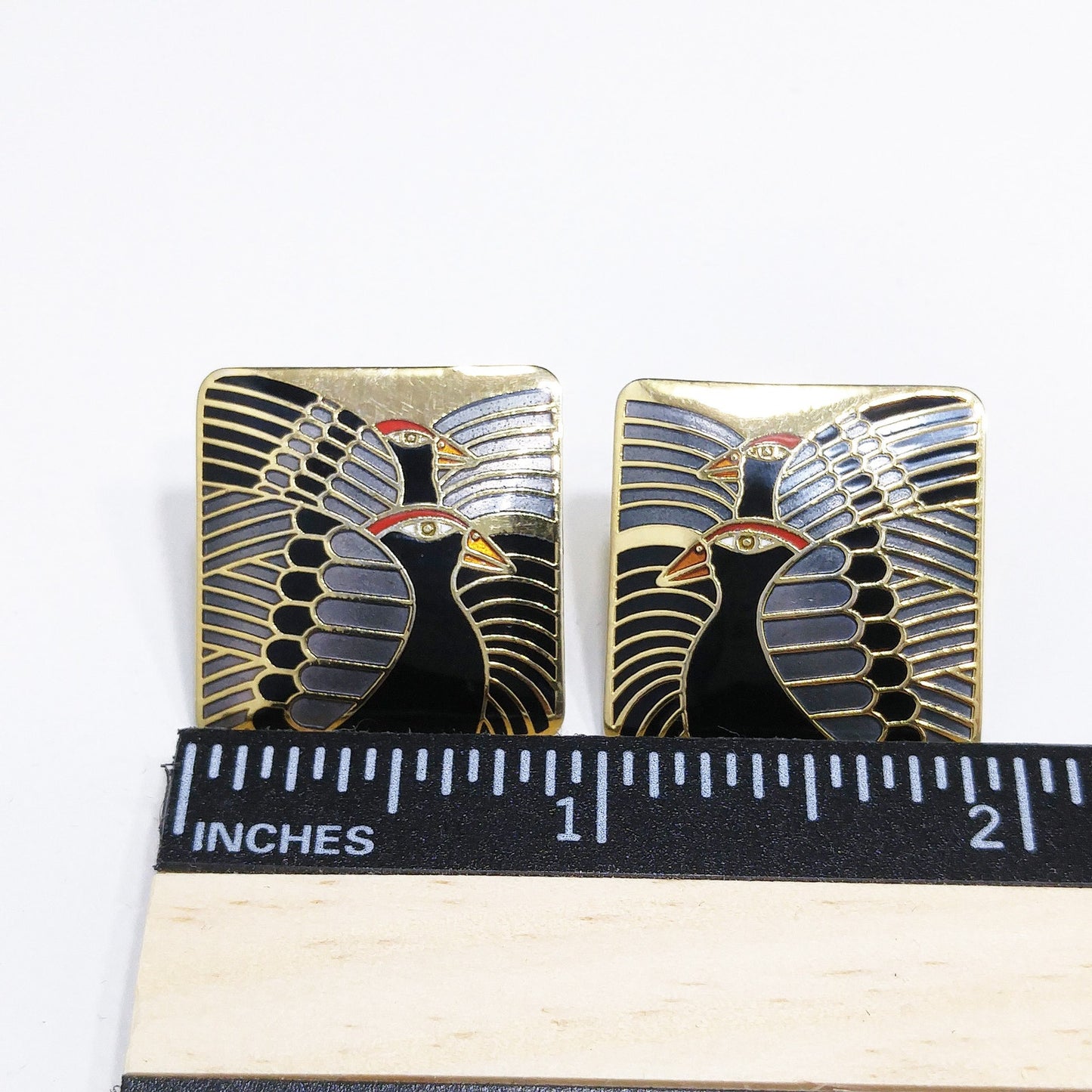 Laurel Burch "Moondoves" Post Earrings, Black Birds, Gold Plated, 1980s