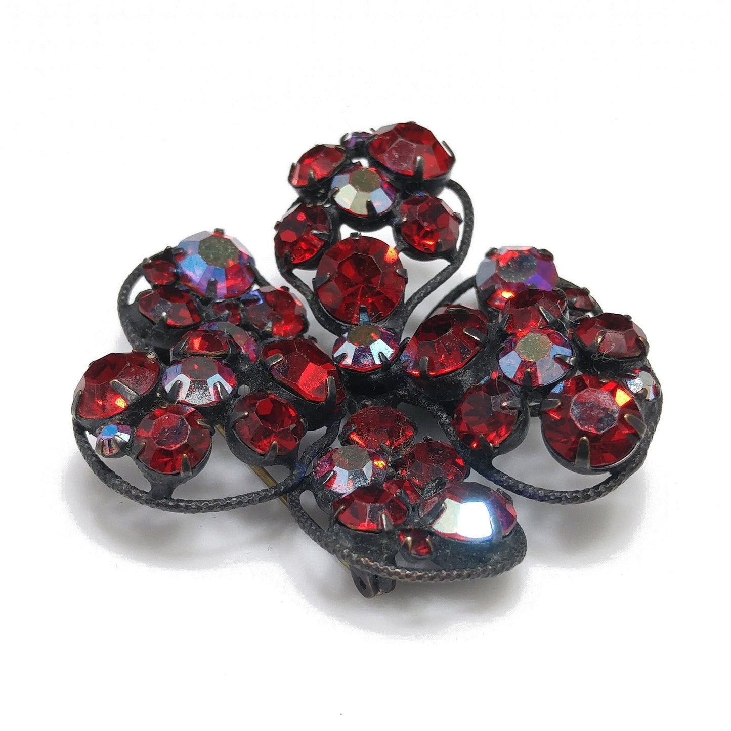 Vintage Regency Red Rhinestone Japanned Brooch, Aurora Borealis, 1960s Vintage Jewelry