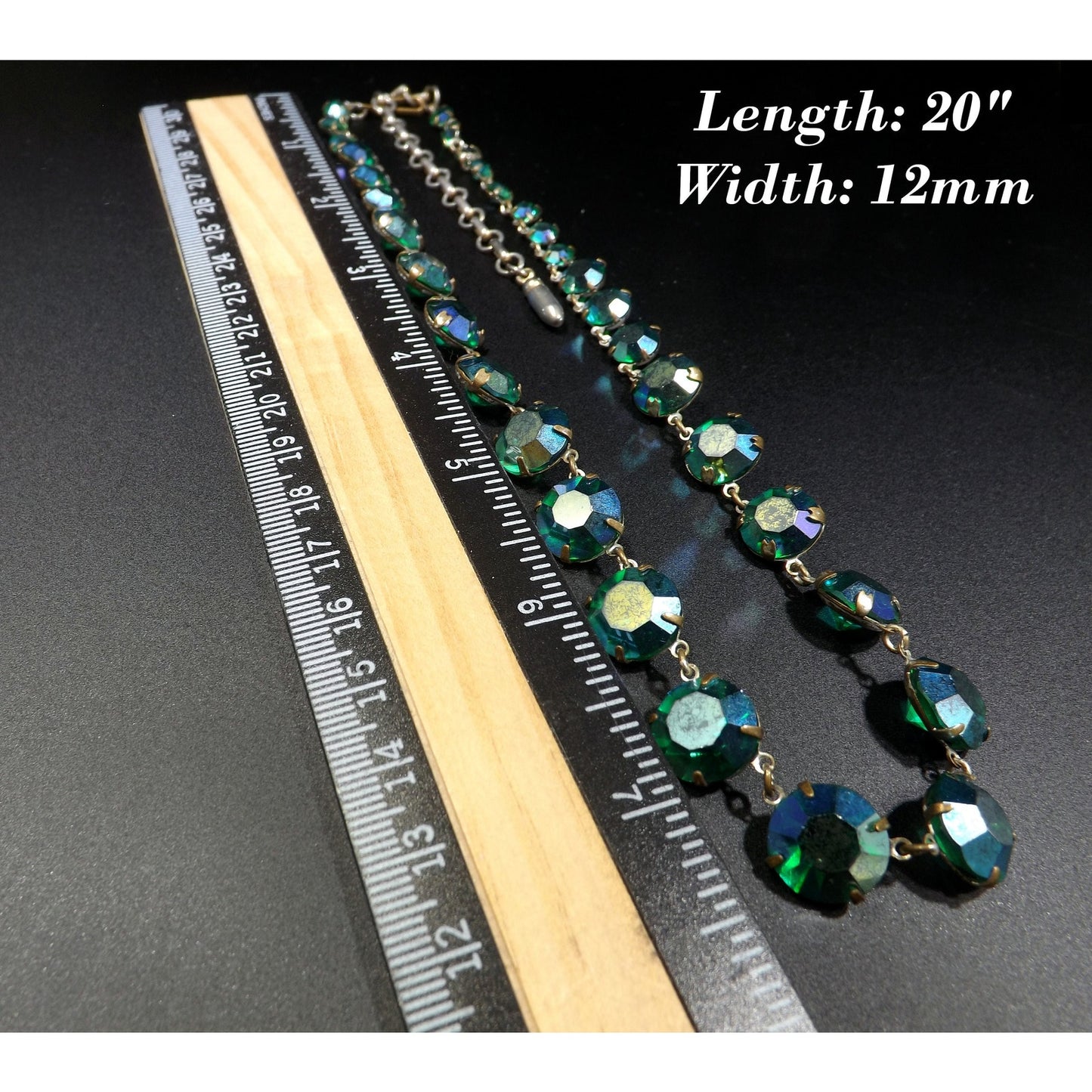 Green Aurora Borealis Crystal Art Deco Rivière Glass Necklace, 20 Inches, 1950s Vintage Jewelry