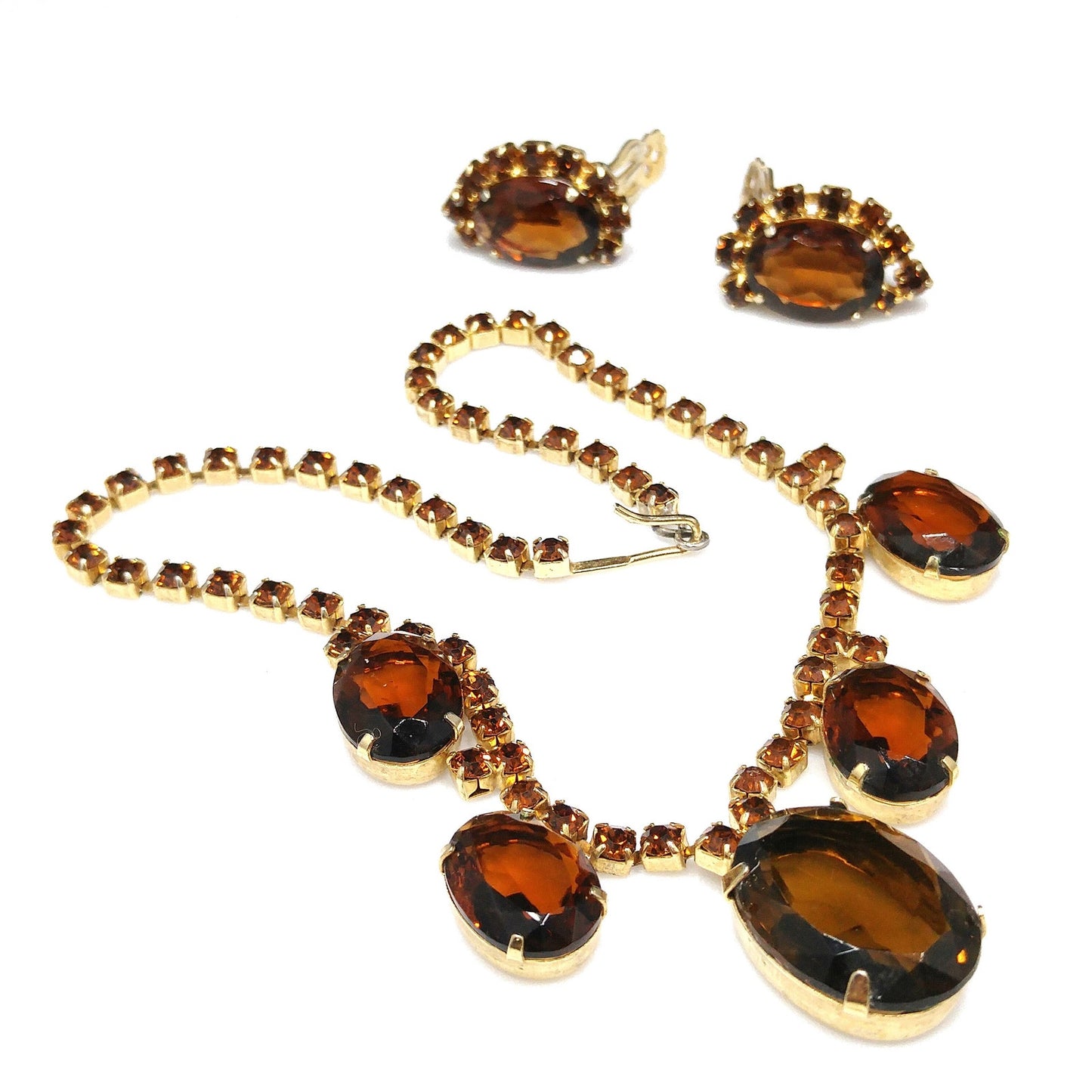 Vintage Topaz Rhinestone Necklace & Earrings, Large Faceted Rhinestones, 1960s Vintage Jewelry
