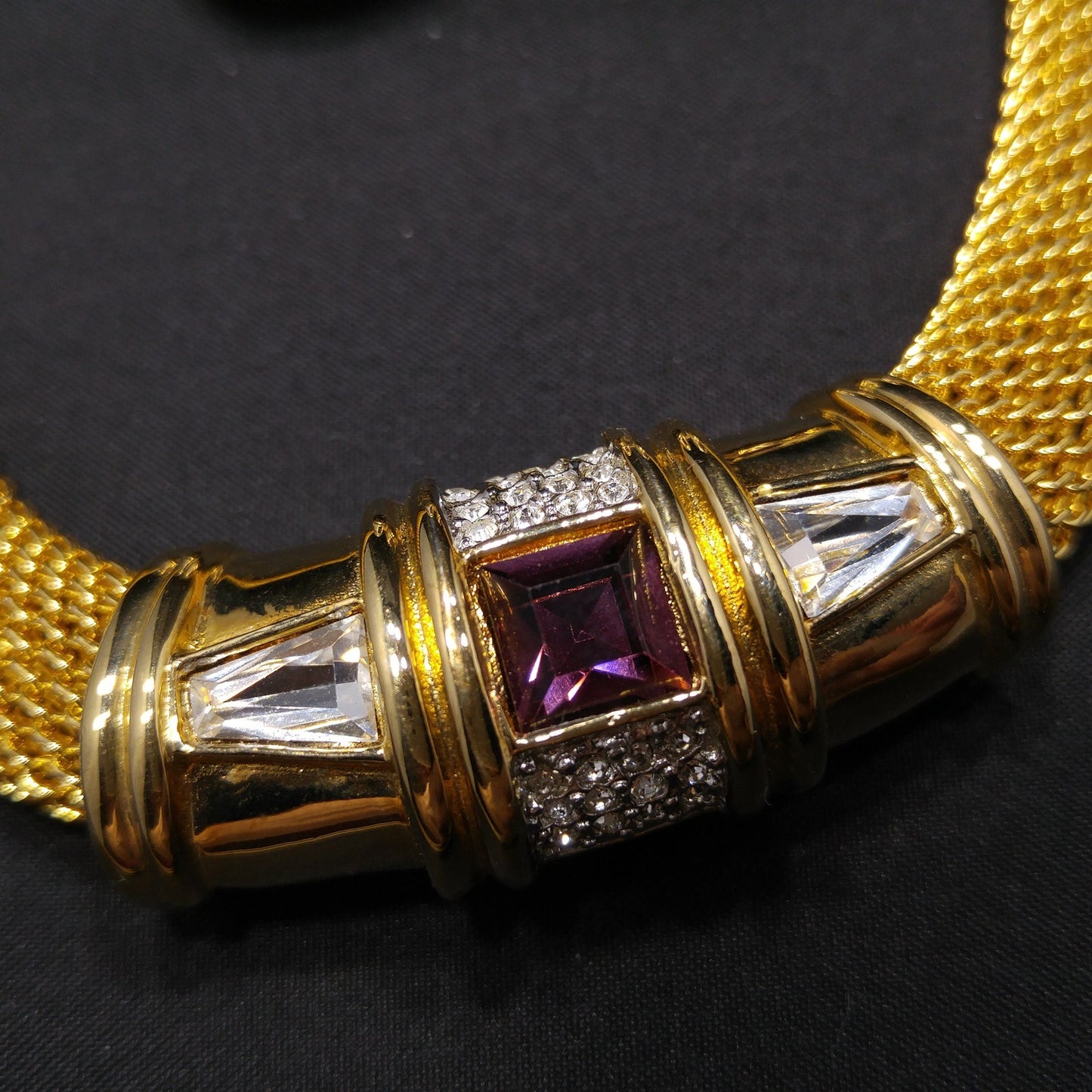 Purple Clear Rhinestone Necklace & Earrings, Gold Plated, 1980s Vintage Jewelry