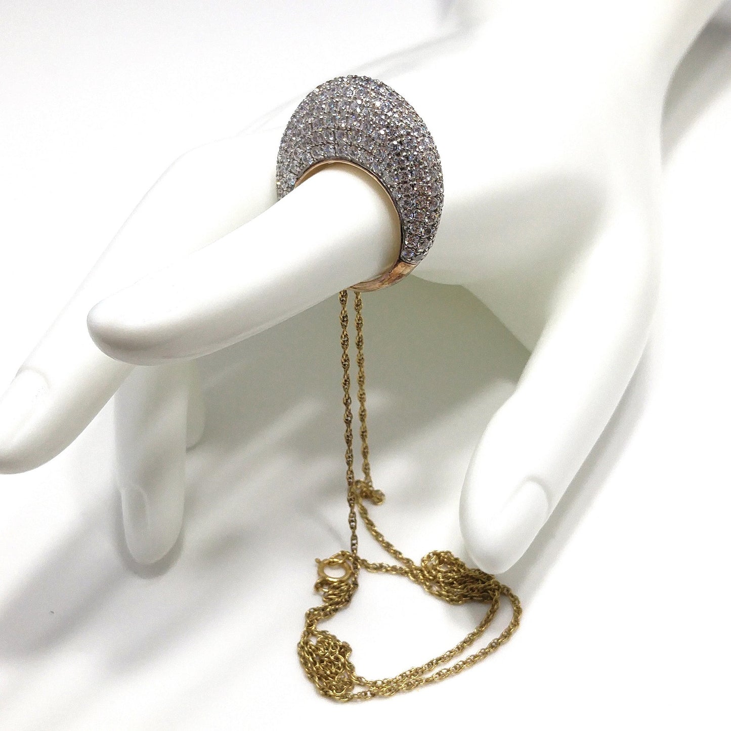 Sterling 18K Gold Wash Pendant Necklace, Clear Rhinestones, 1990s Vintage Jewelry