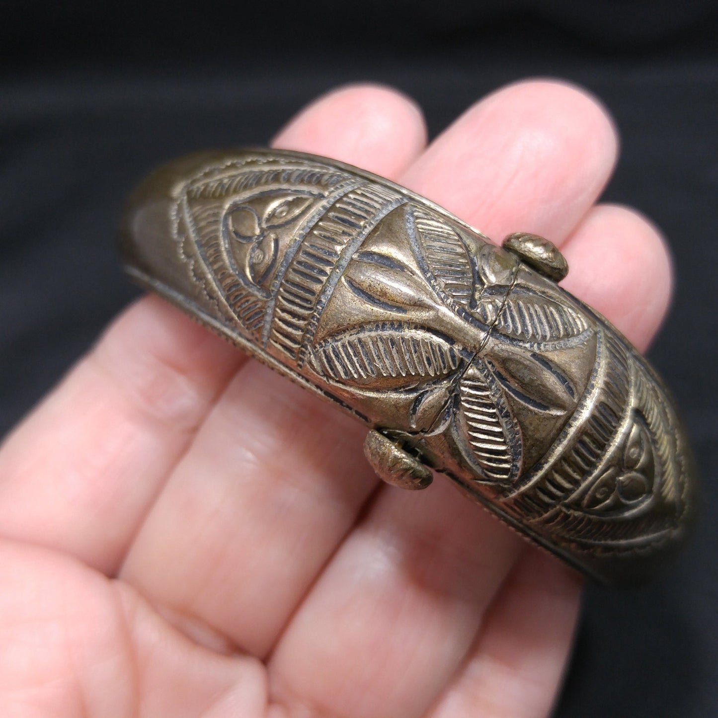 Tribal Embossed Hinged Bracelet, Plunger or Pin Clasp, Gold Wash, 1940s Vintage Jewelry