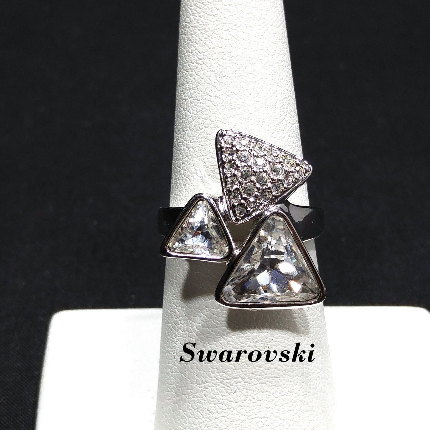 Swarovski Three Triangle Ring, Crystal & Pave, Rhodium Plated, Size 7.5