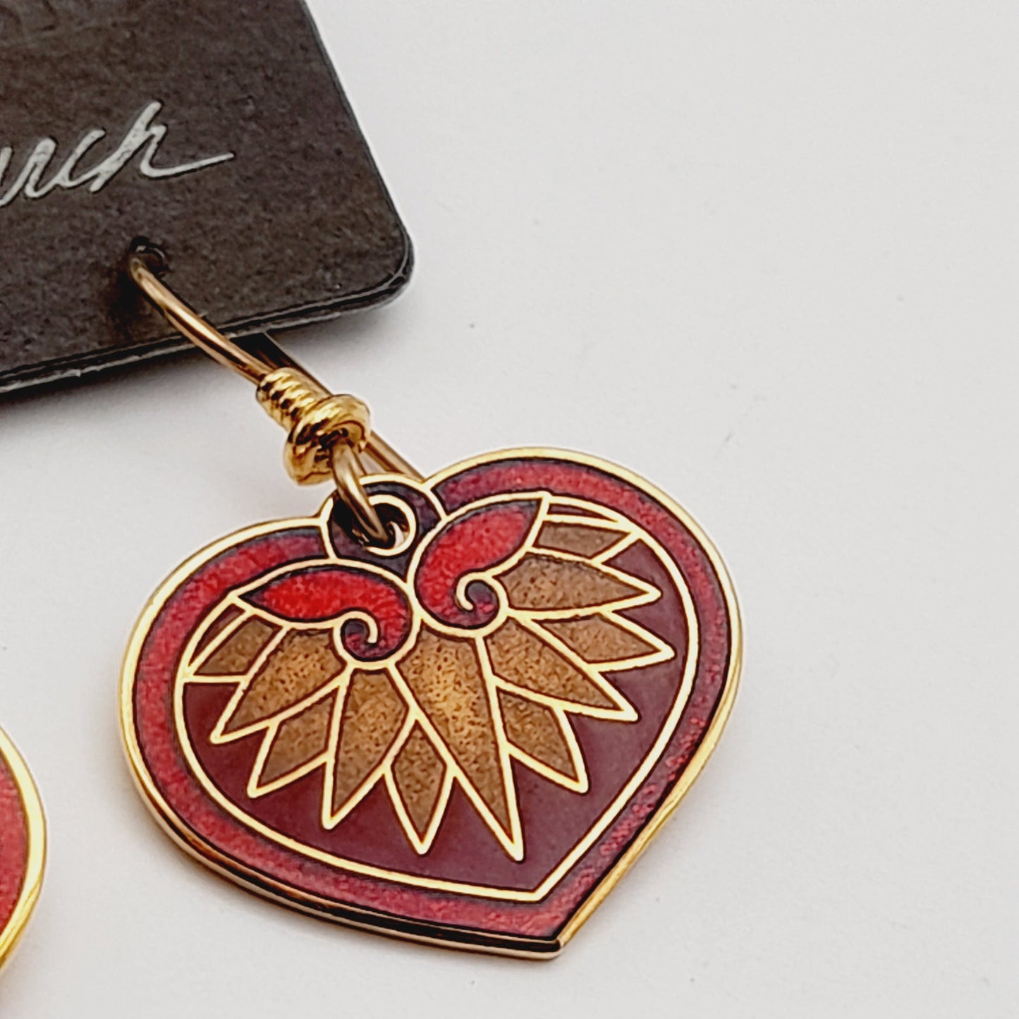 Vintage Laurel Burch Hollyhock Red Enamel Gold Plated 1988 Earrings - On Original Card