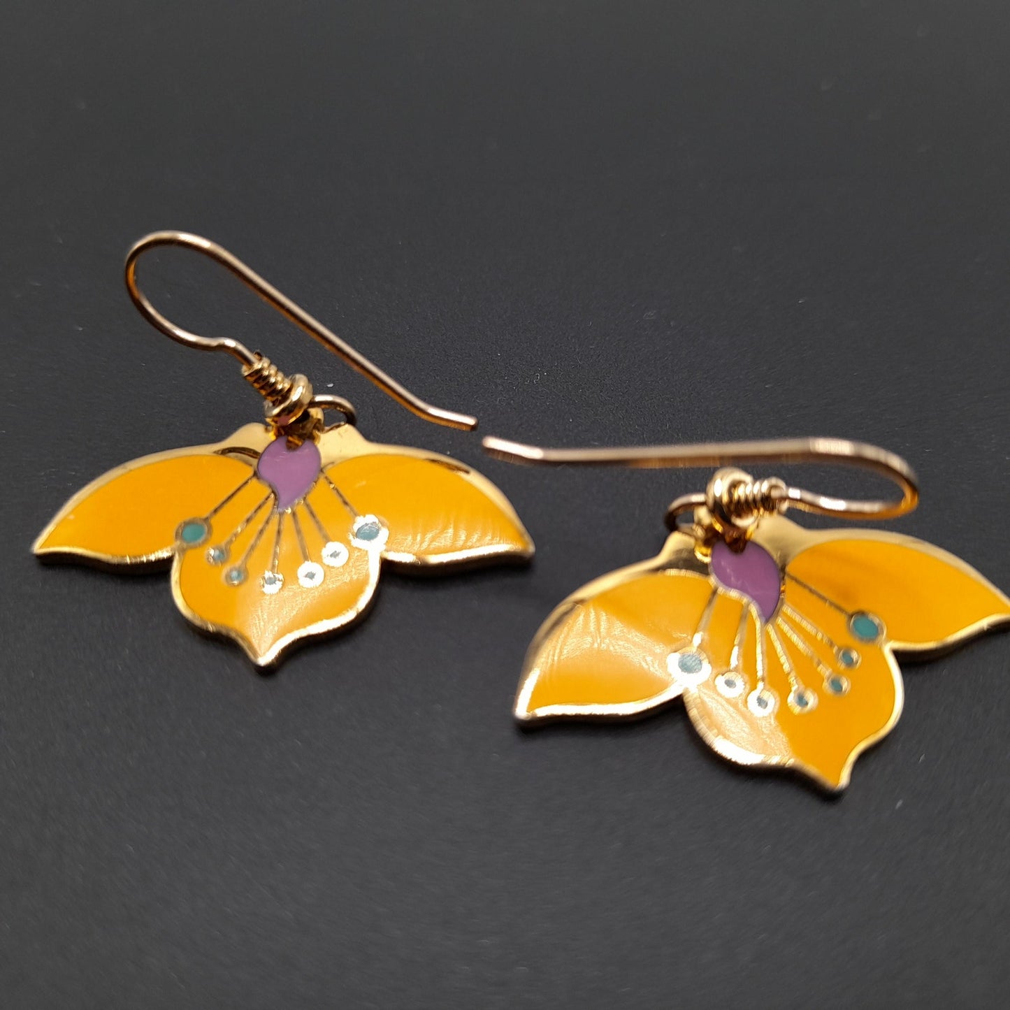 Laurel Burch "Desert Flower" Earrings, Golden Yellow Enamel, Gold Plated Cloisonne, 1980s Vintage Jewelry