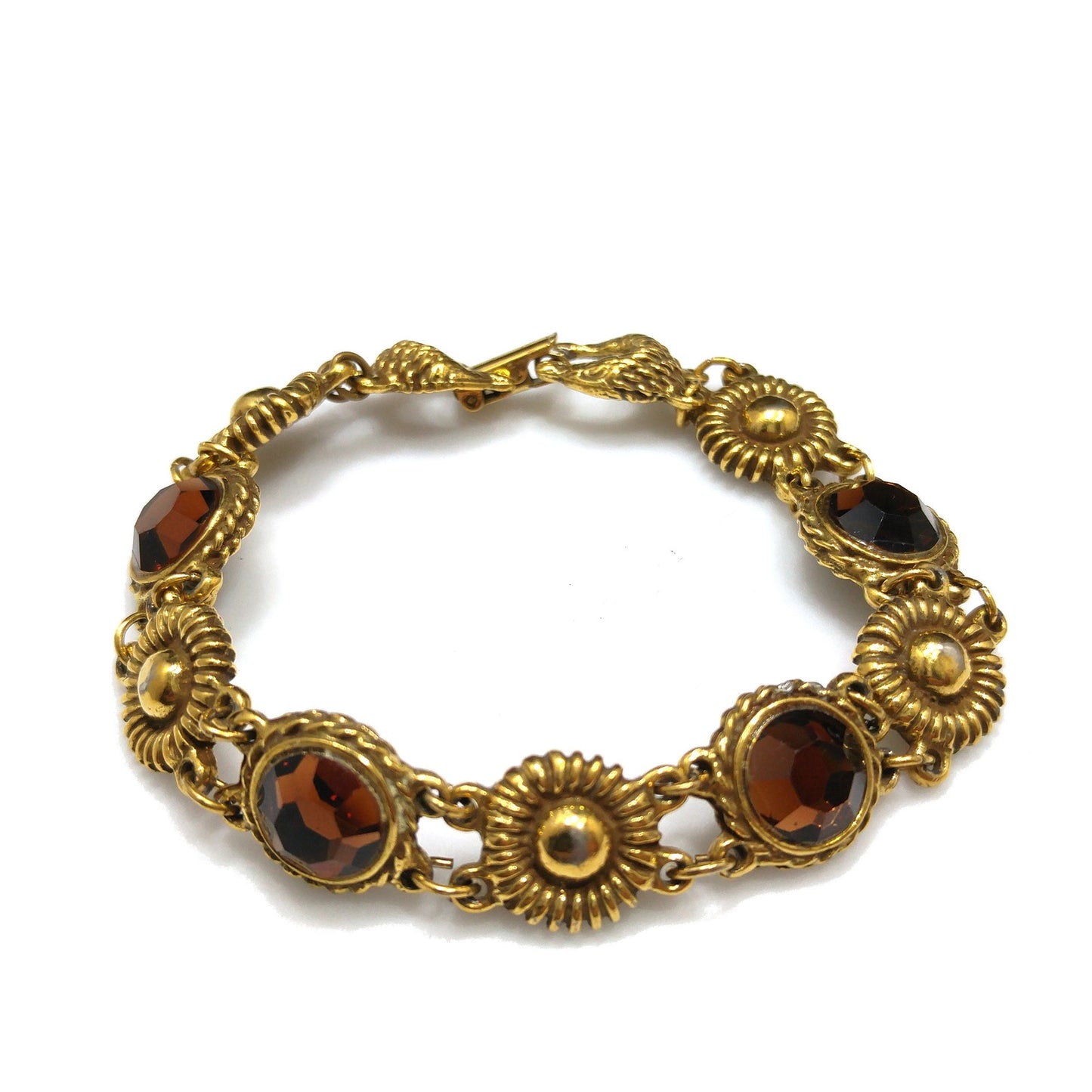 Goldette Light Topaz Rhinestone Link Bracelet, Lucite Rhinestones, 1960s Vintage Jewelry