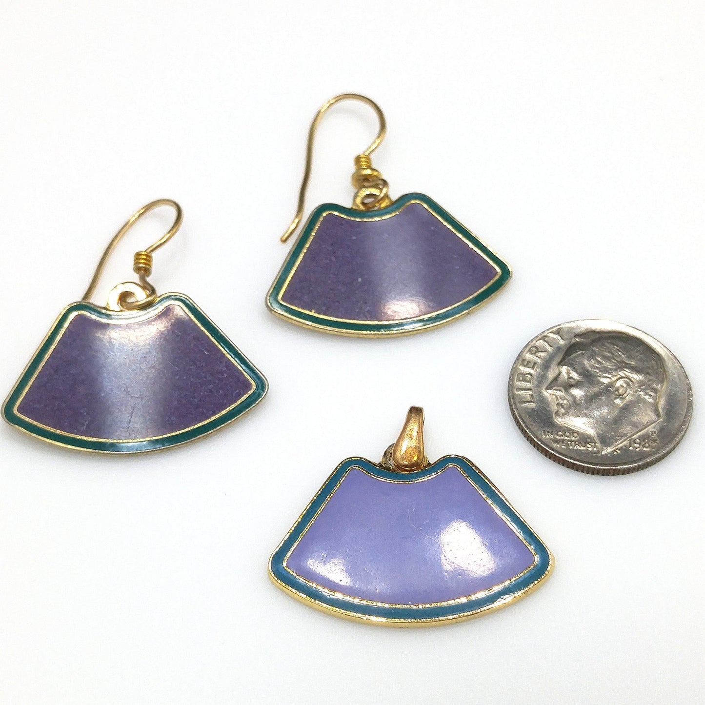 Laurel Burch Purple & Teal Earrings Pendant, Cloisonné Enamel, Gold Plated, 1980s Vintage Jewelry
