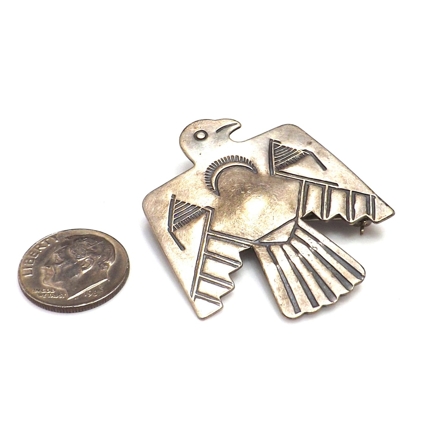 Thunderbird IH Coin Silver Brooch, Indian Handcrafts Shop Trademark, Vintage Jewelry Pin