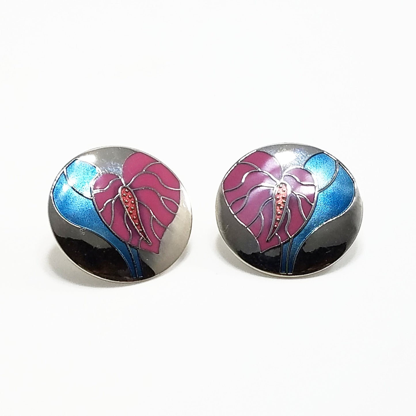 Vintage Laurel Burch "Antherium" Earrings Post Enamel Pink 1980s Vintage Jewelry