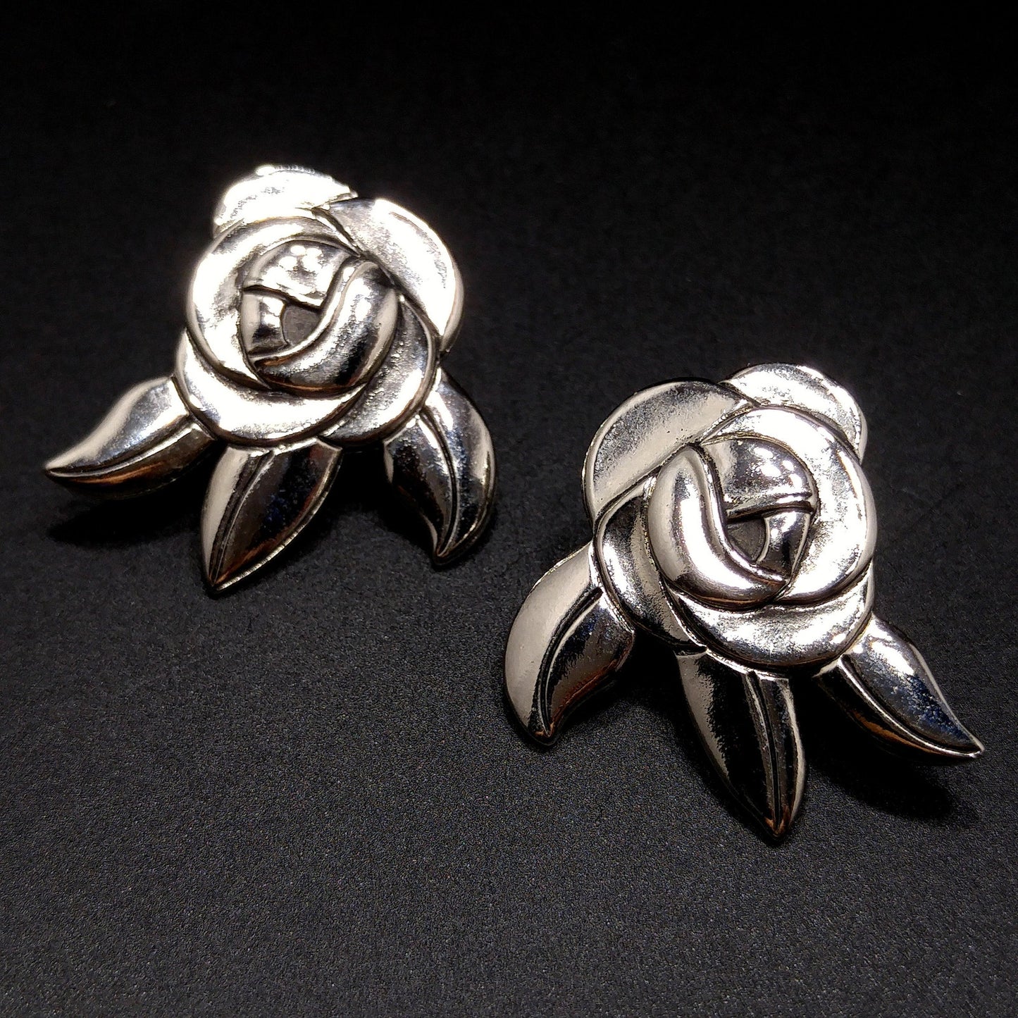 Vintage Laurel Burch Deco Rose Earrings, Rhodium Plated, Black Enamel, 1980s